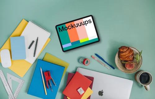 Tablet mockup lying on the student desk