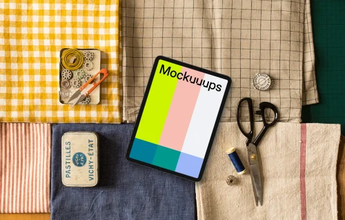 Tablet mockup on folded cloths