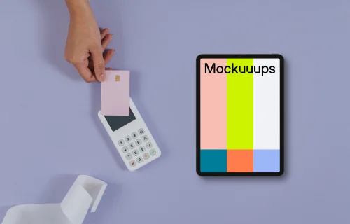 Tablet mockup on purple background with payment terminal and credit card