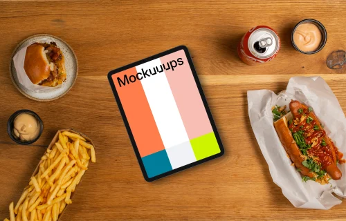 Tablet mockup surrounded by fast food