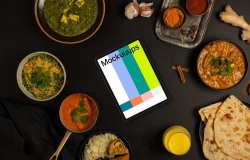 Tablet mockup with delicious Indian food