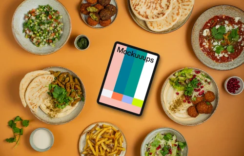 Tablet mockup with Middle Eastern food