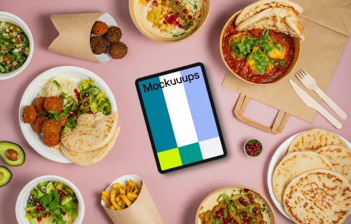 Tablet mockup with traditional Middle eastern dishes