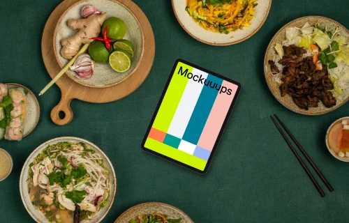 Tablet mockup with vietnamese cuisine meals