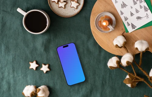 Top view of christmas table with smartphone