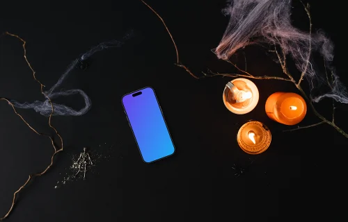 Top view of halloween pumpkin mockup with a smartphone
