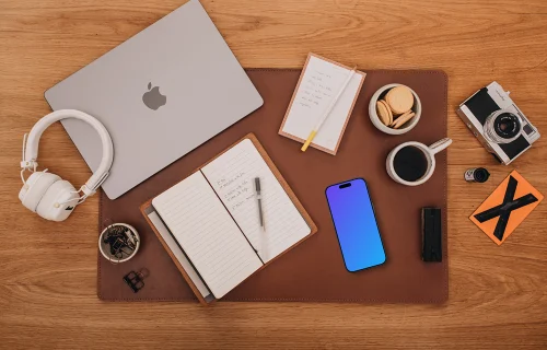 Top view of phone mockup with office theme