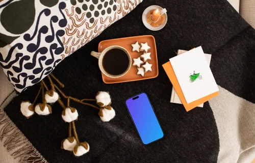 Top view of smartphone mockup with Xmas design