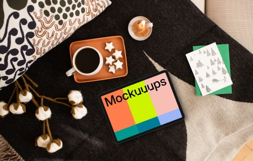 Top view of tablet mockup with Xmas design