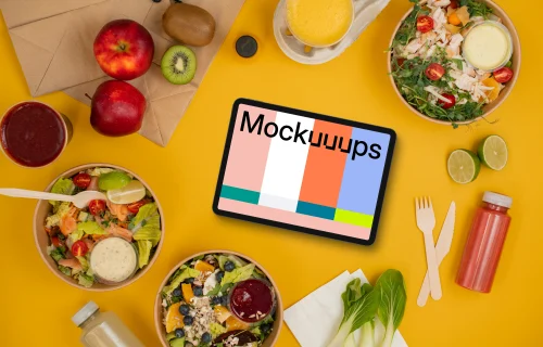 Variety of salads placed around tablet mockup