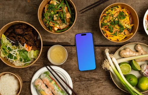 Vietnamese cuisine dishes around Smartphone mockup