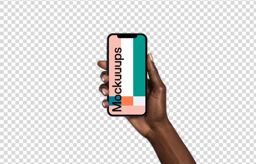 Woman hand holding iPhone 12 mockup (Black skin)