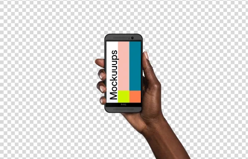 Woman holding HTC One mockup (Black skin)