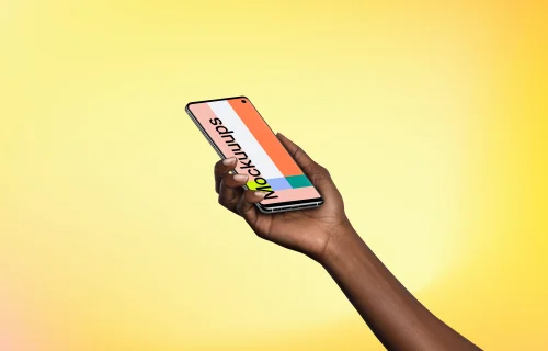 Woman holding Samsung Galaxy S10 mockup (Perspective - Gradient 1)