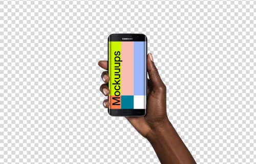 Woman holding Samsung Galaxy S7 Black Mockup (Black skin)