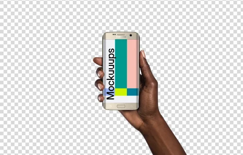 Woman holding Samsung Galaxy S7 Gold Mockup (Black skin)