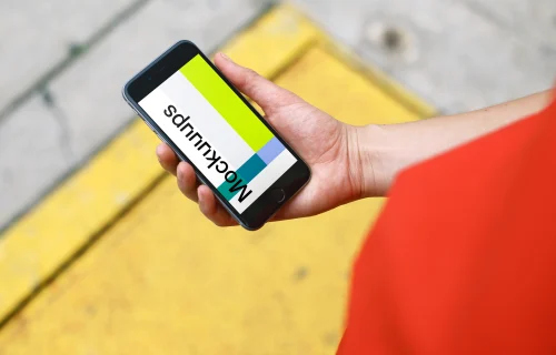 Woman in Red Dress checking iPhone 6s mockup