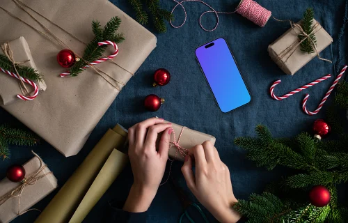Xmas gift mockup with a smartphone