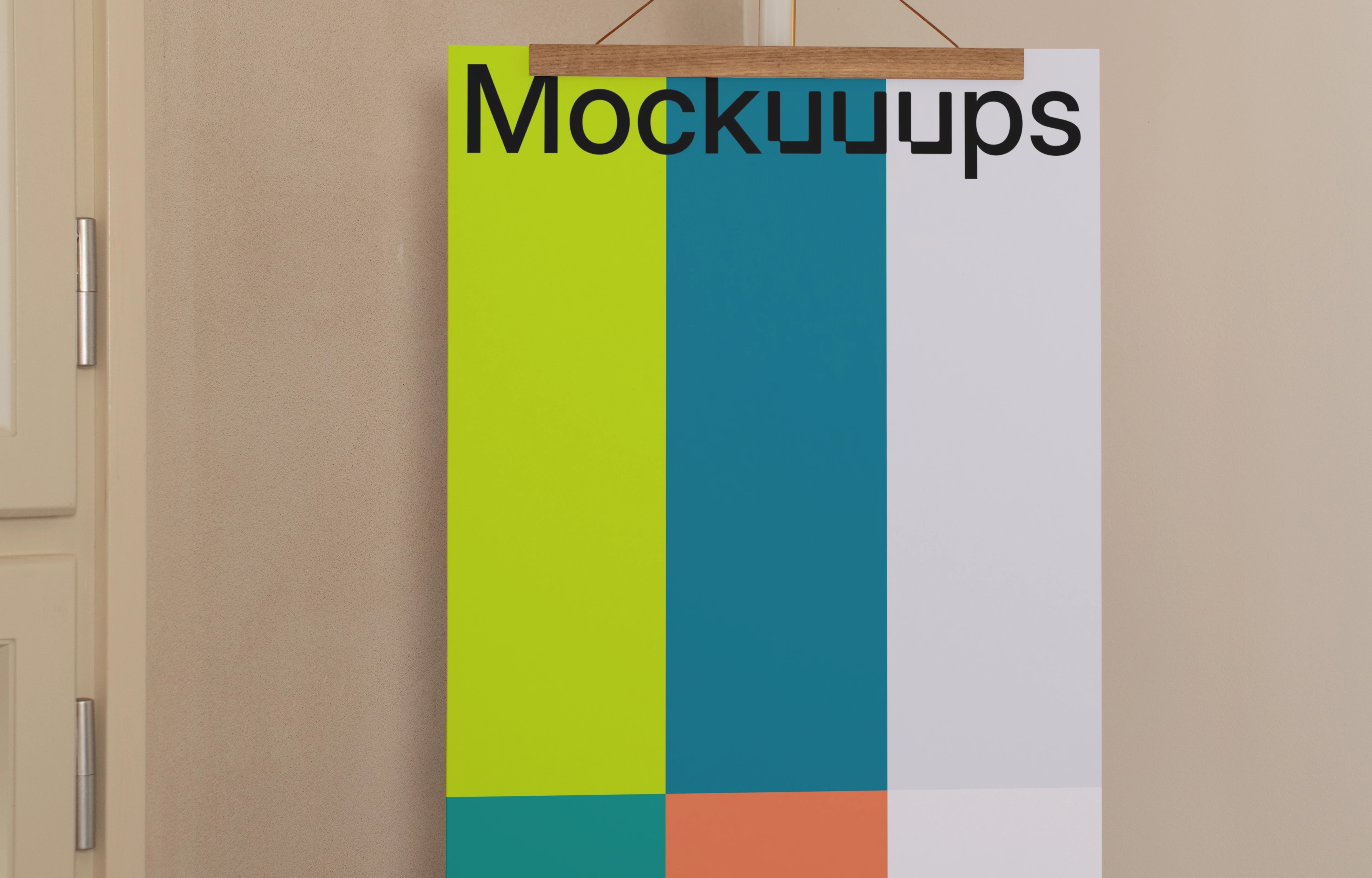 A3 poster mockup with wooden hanger in a neutral interior