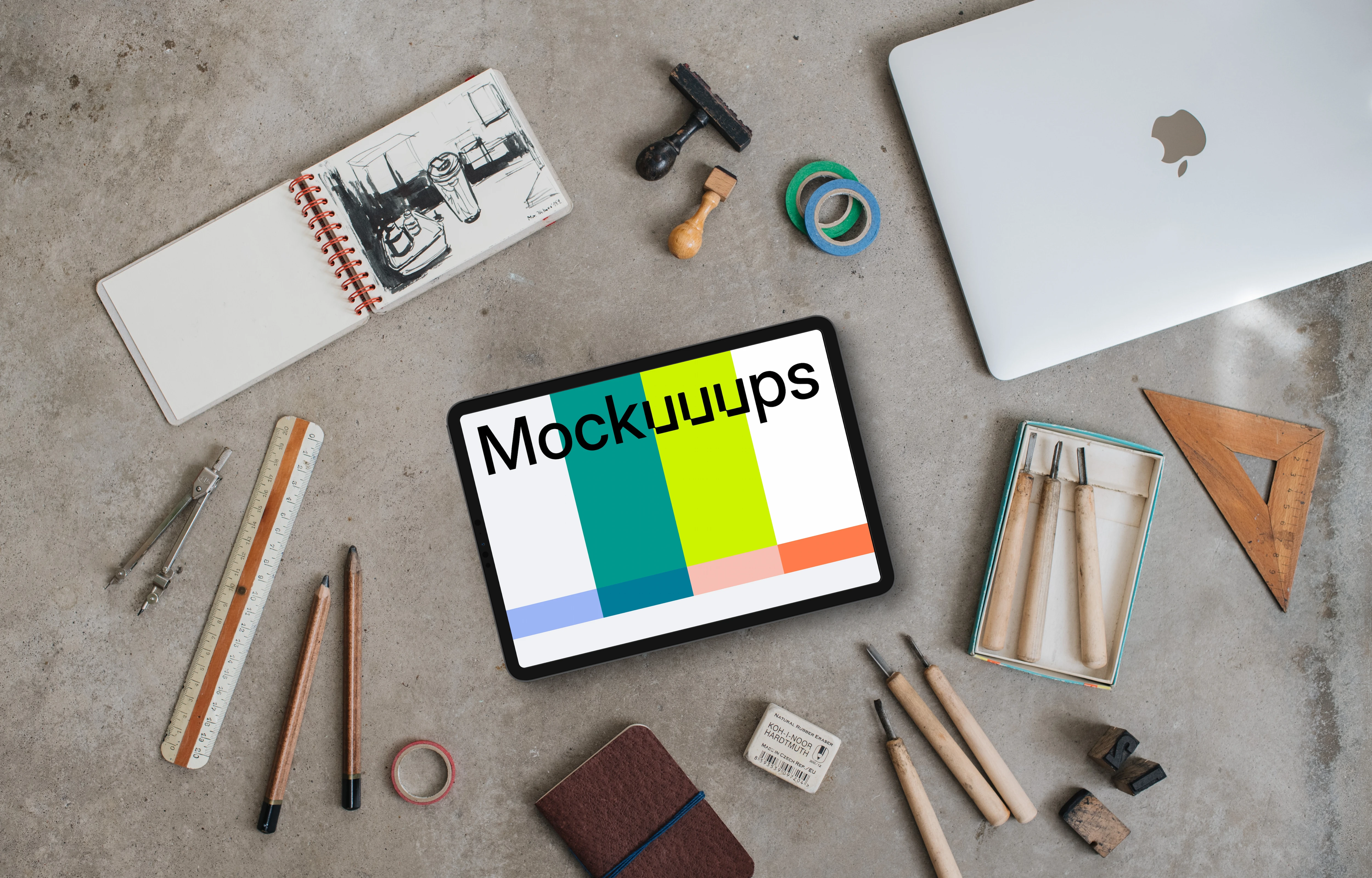 Artist's atelier with landscape tablet mockup
