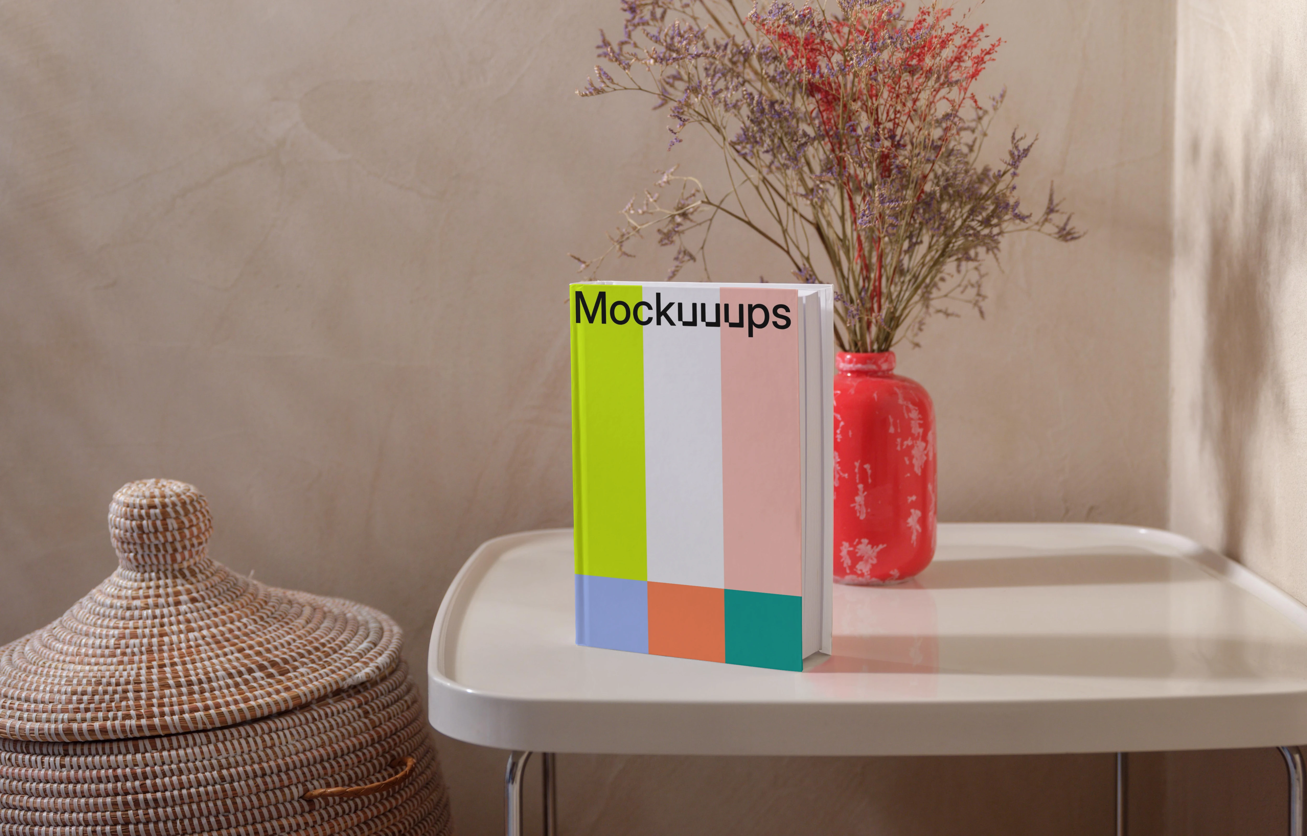 B-format book mockup on a modern side table
