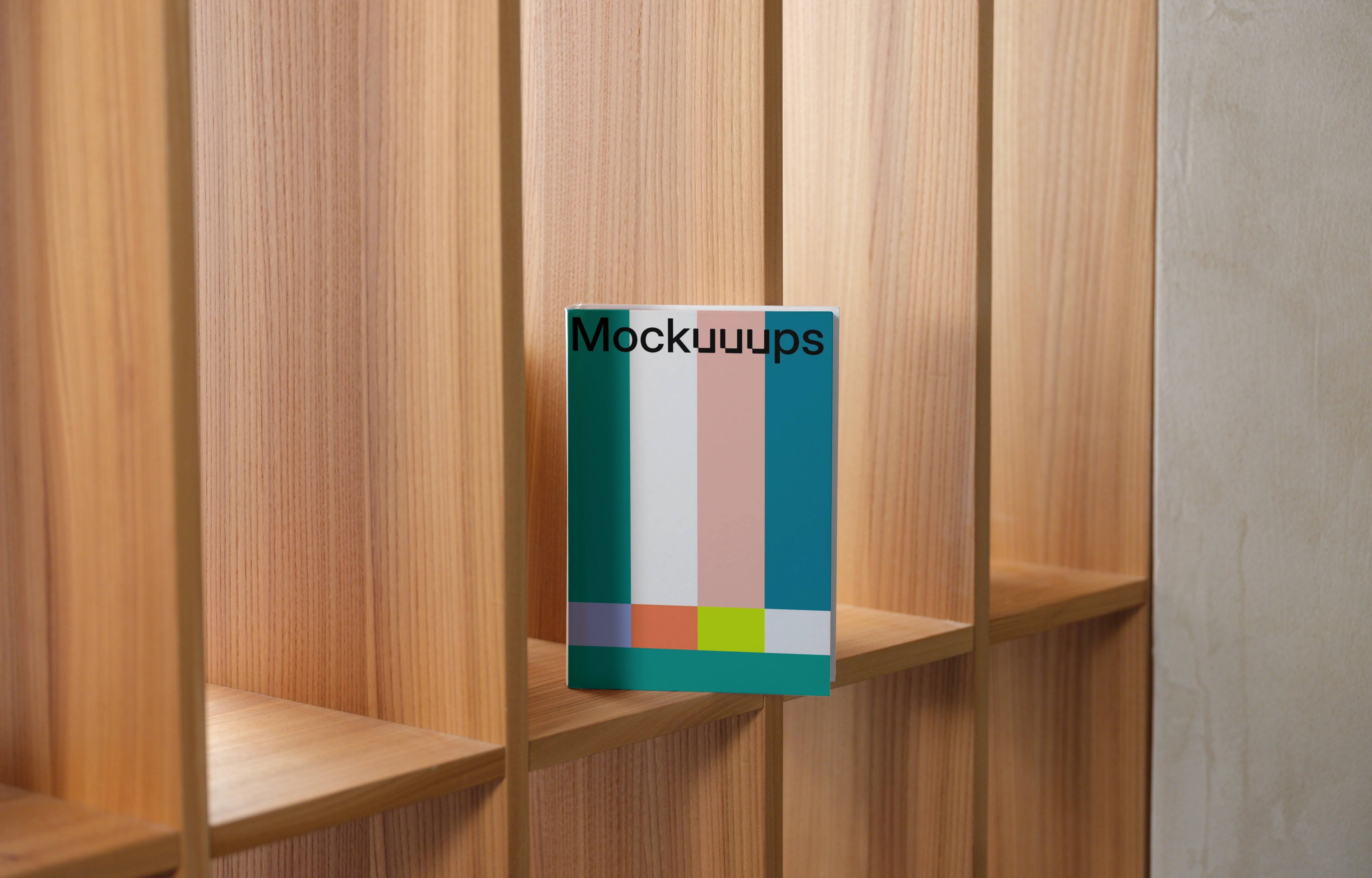 Book mockup on a wooden bookshelf