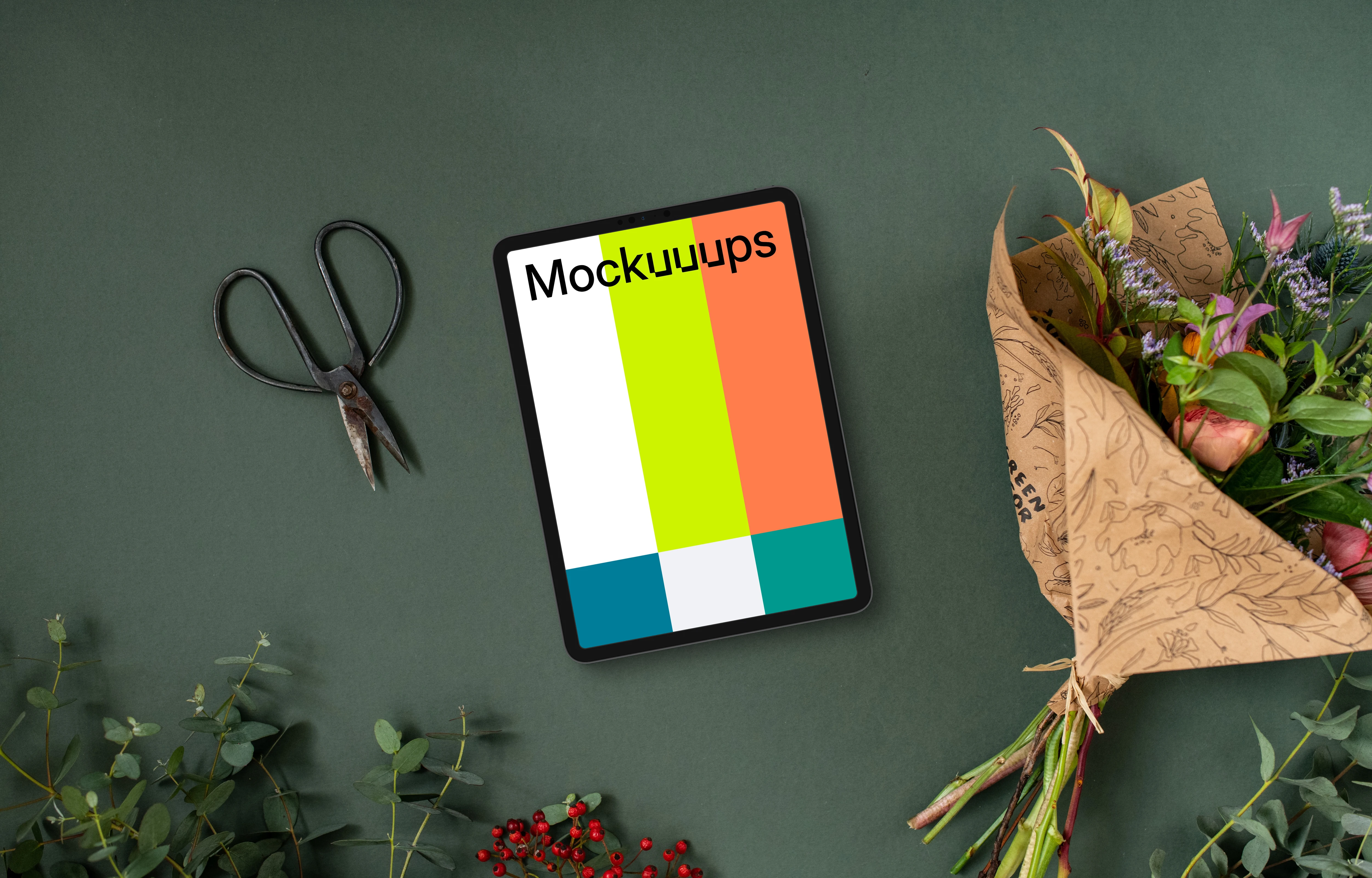 Bouquet of flowers with tablet mockup