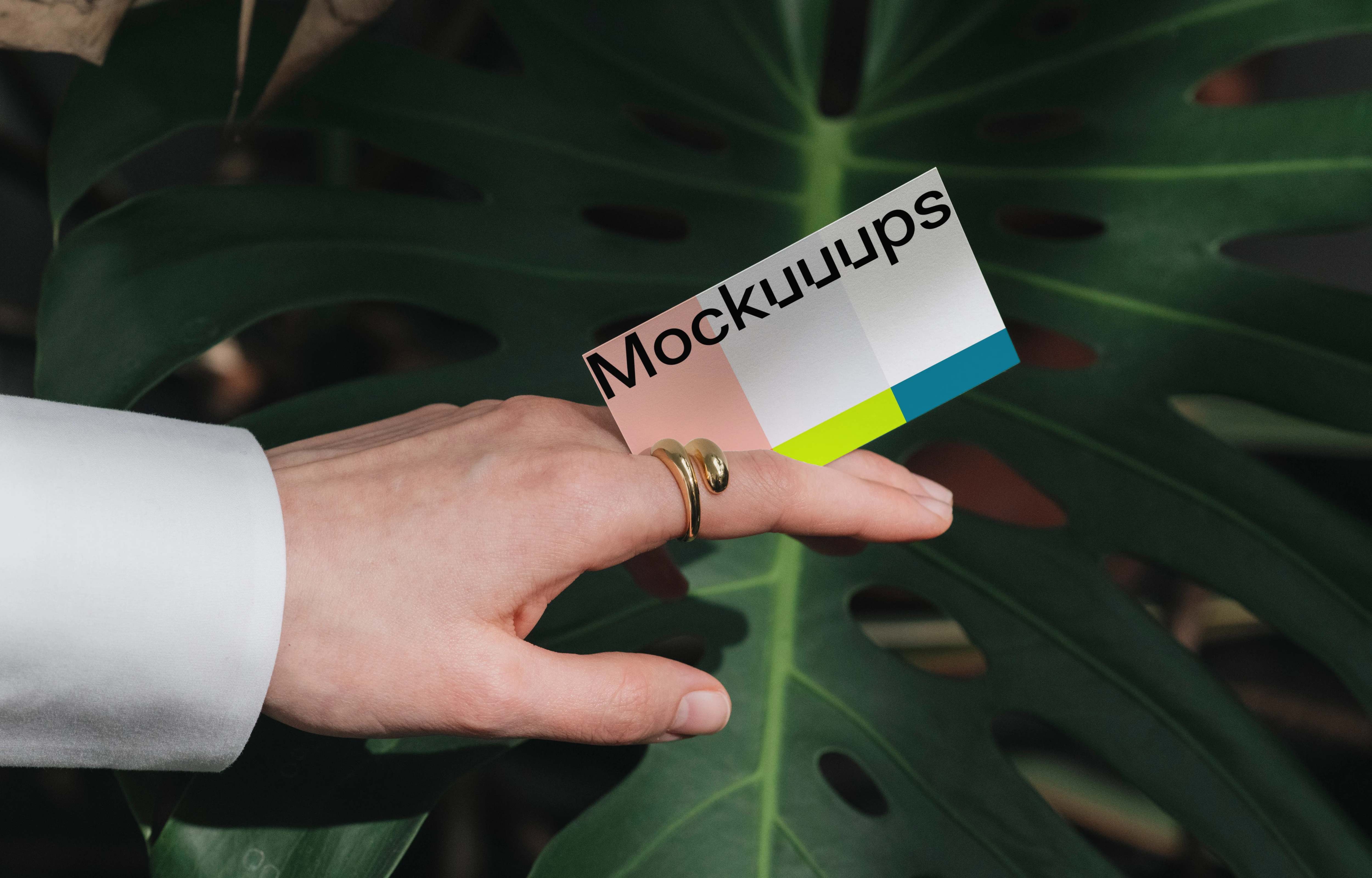 Business card mockup with gradient over a green leaf