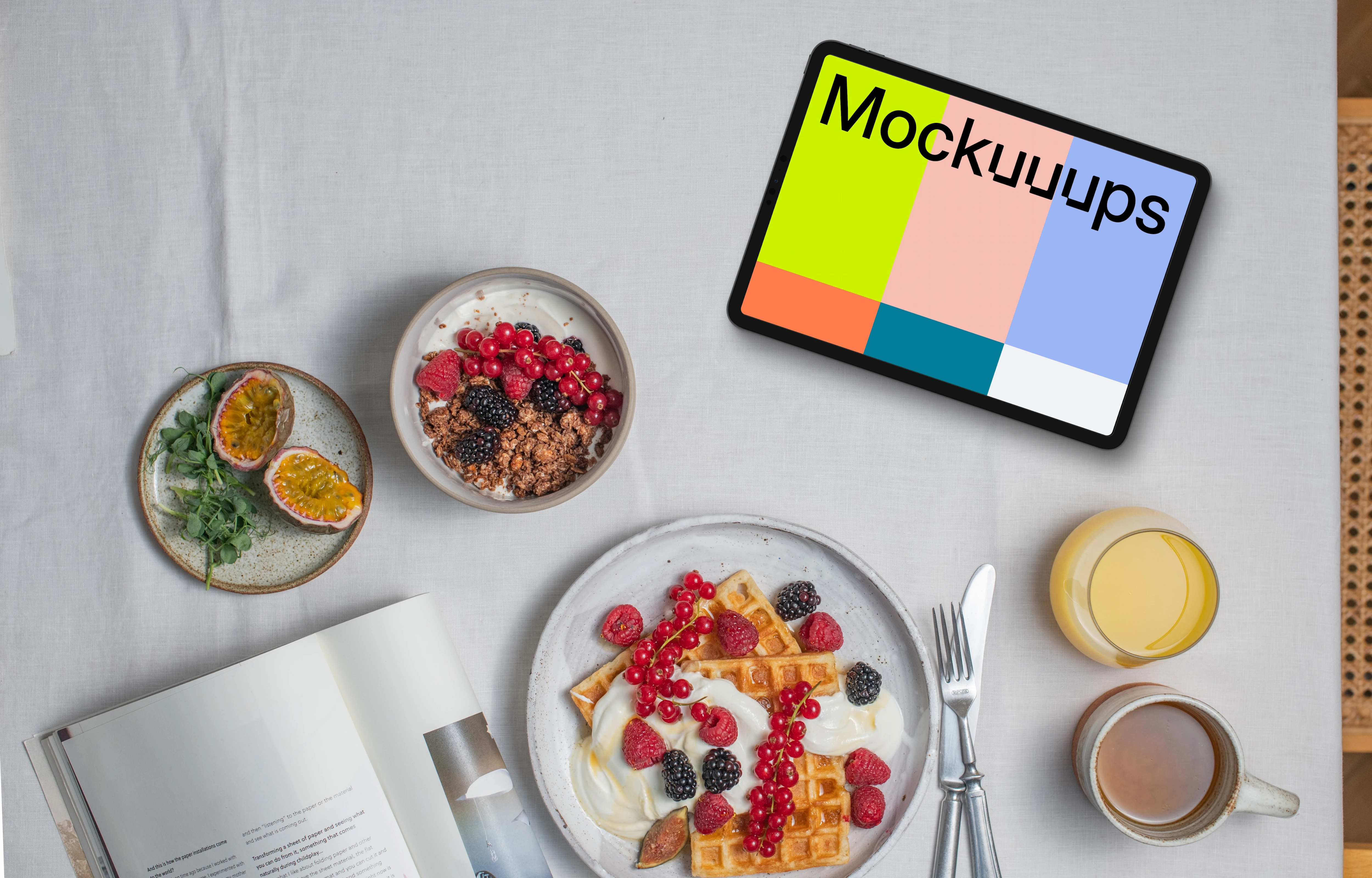 Delicious breakfast waffles next to the tablet mockup