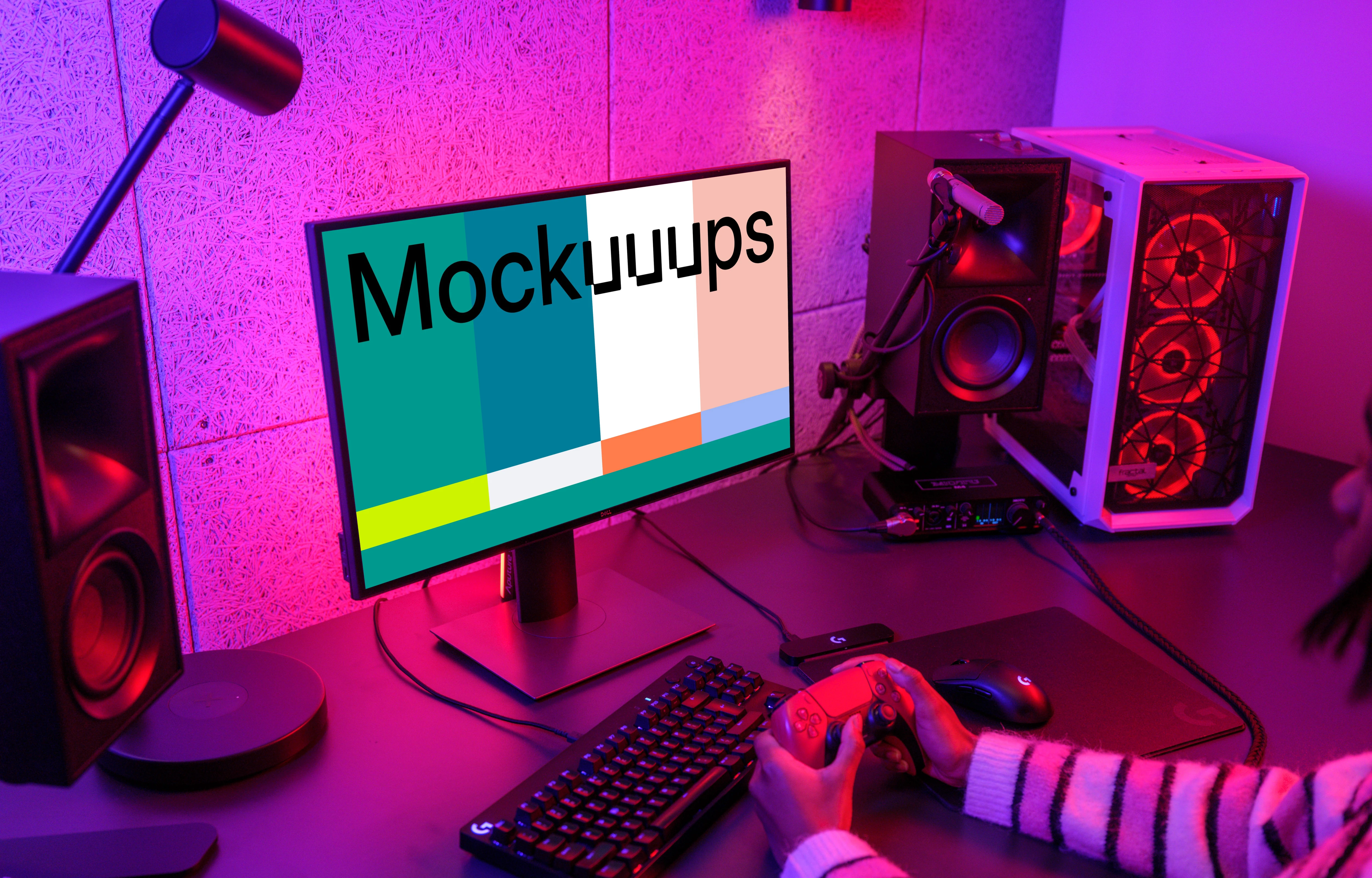 Dell monitor mockup in a vibrant gaming setup