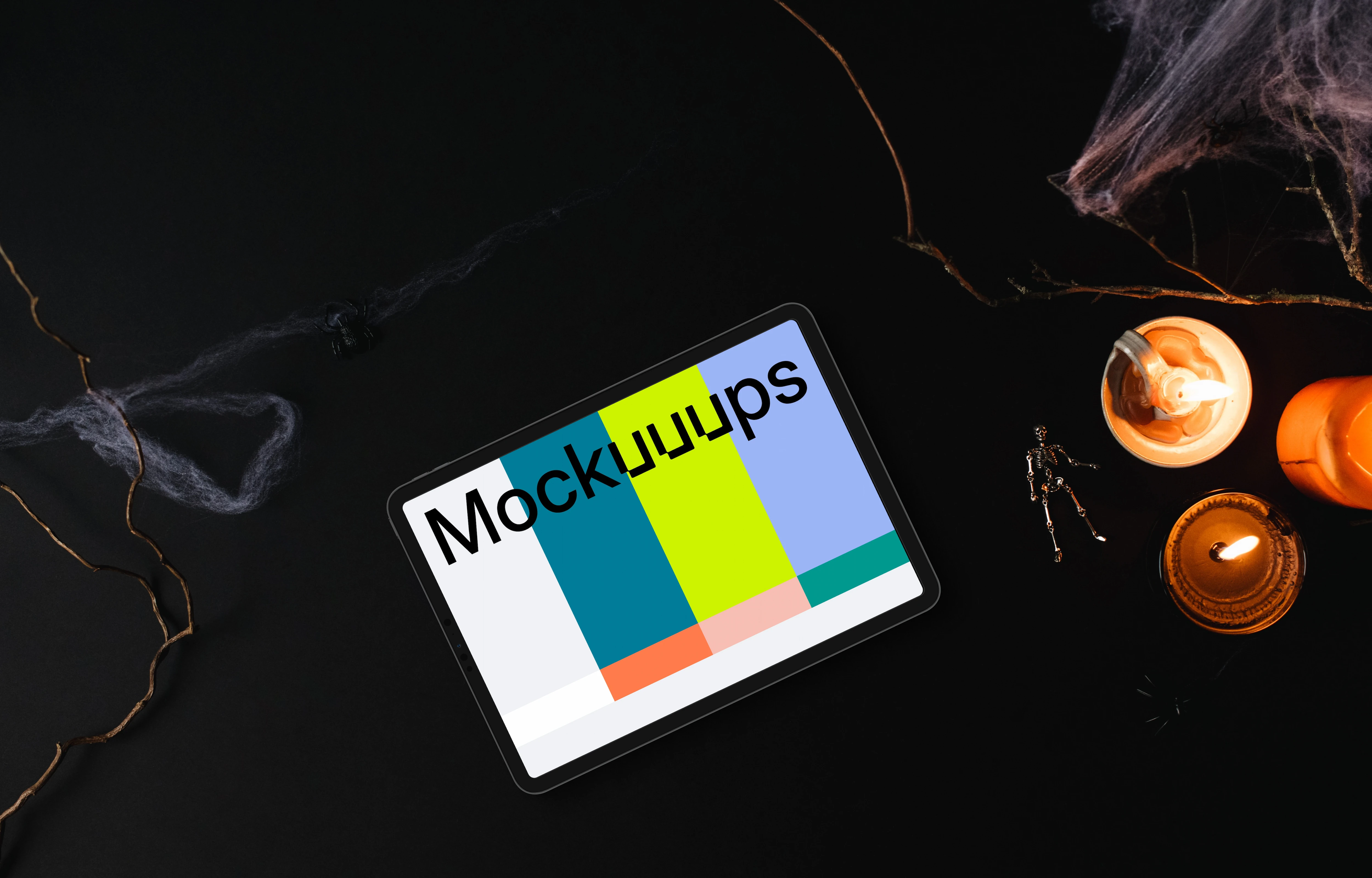 Halloween pumpkin mockup with a landscape tablet mockup