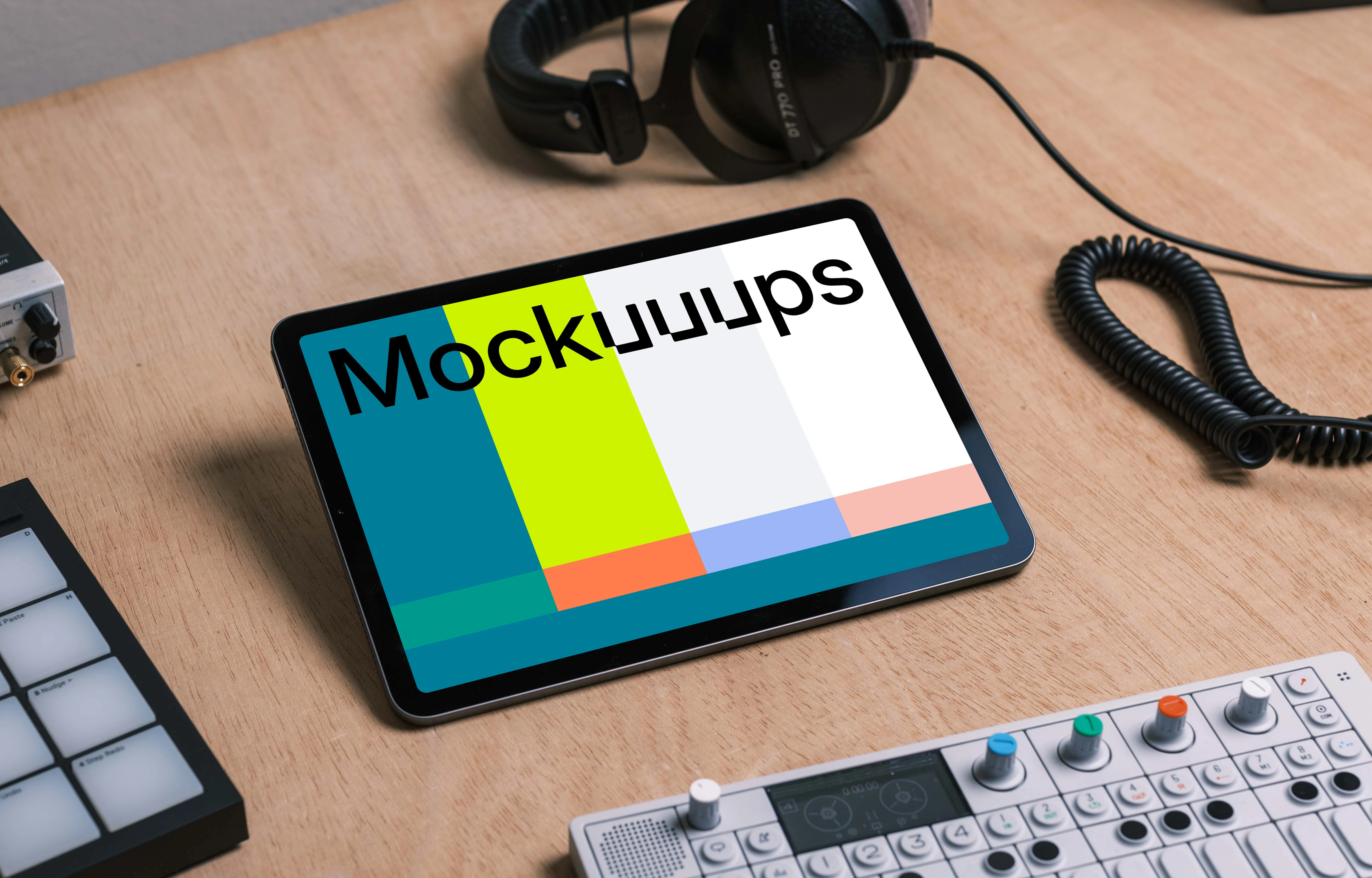 iPad Air mockup in the podcast studio