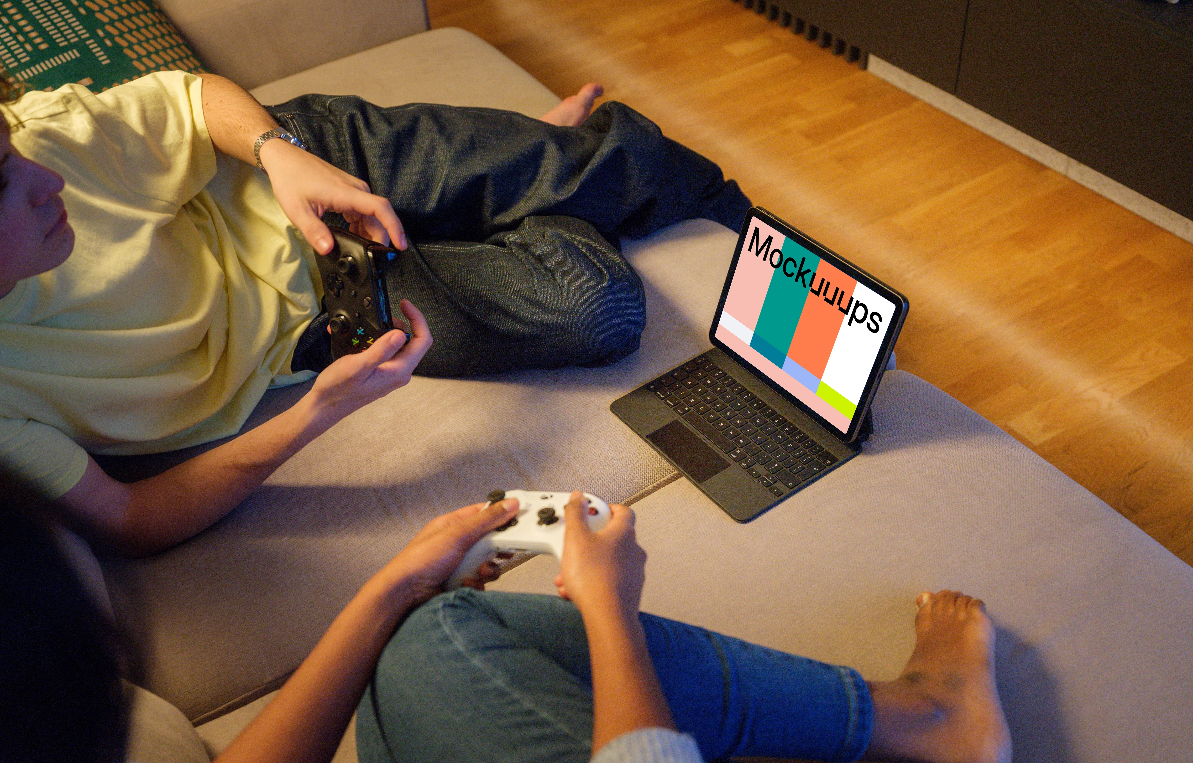 iPad Air mockup on cozy home couch during gaming