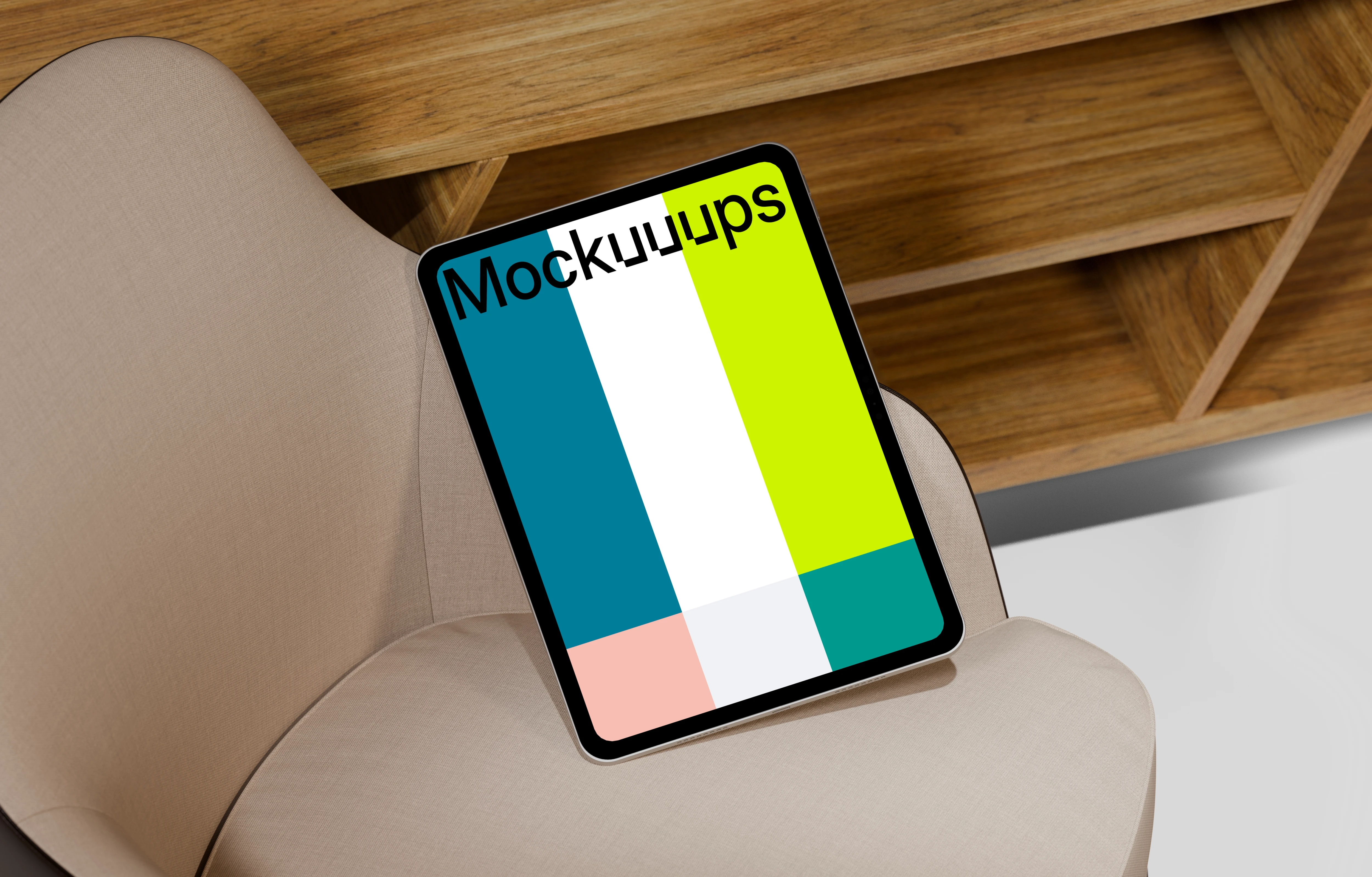 iPad Pro mockup on a modern beige chair