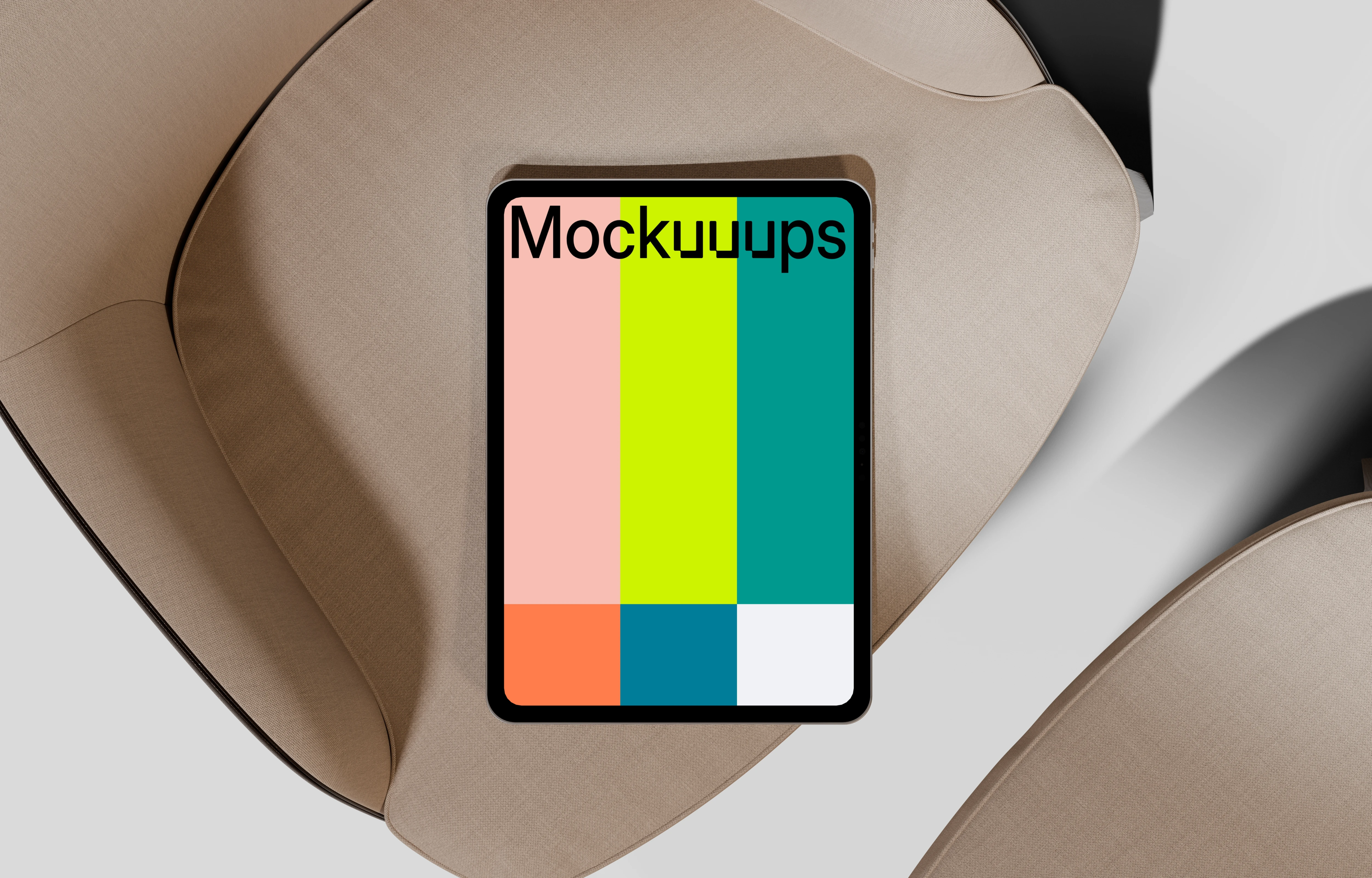 iPad Pro mockup on a modern fabric chair