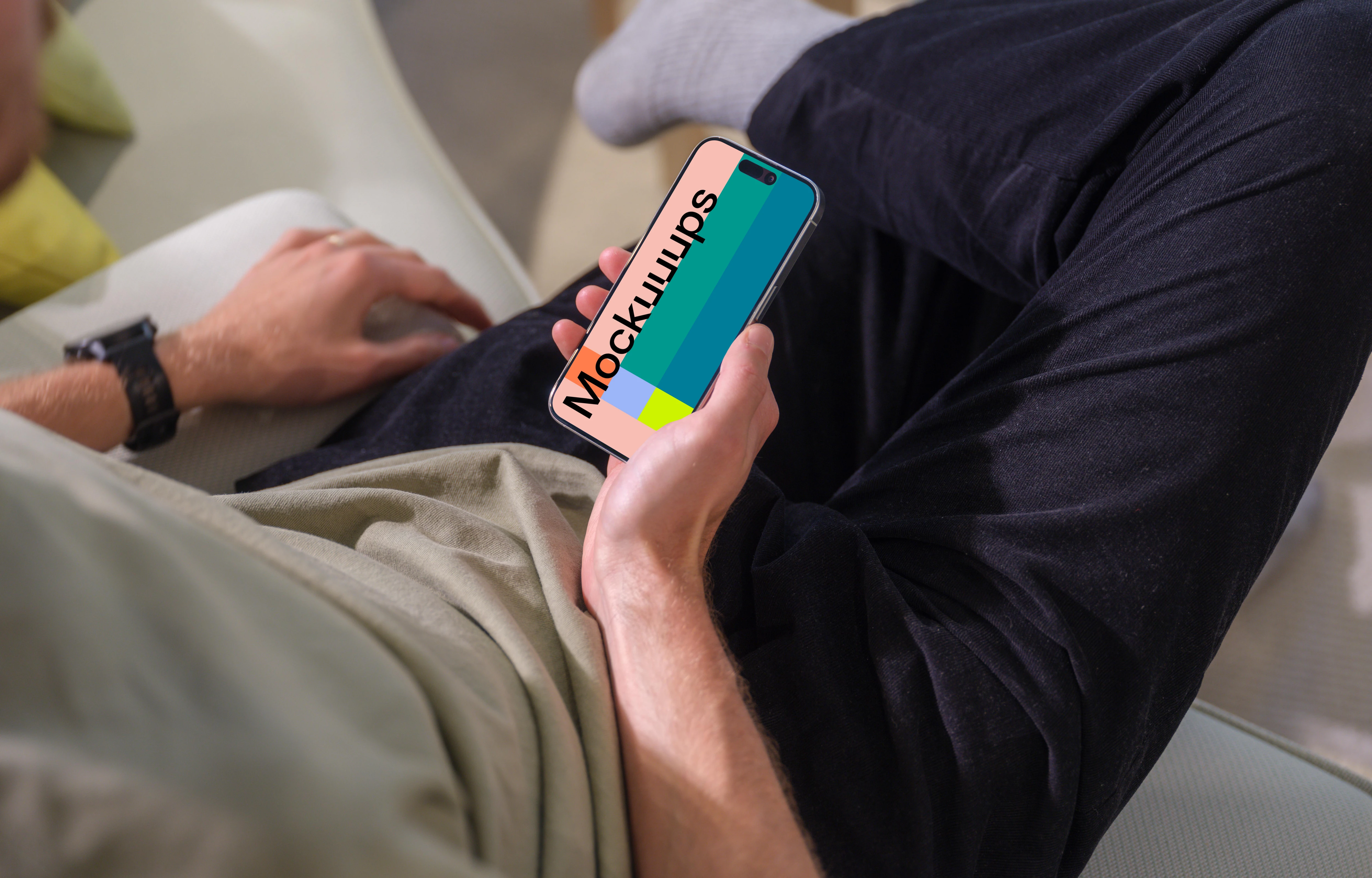 iPhone 15 Pro mockup in a relaxed home setting