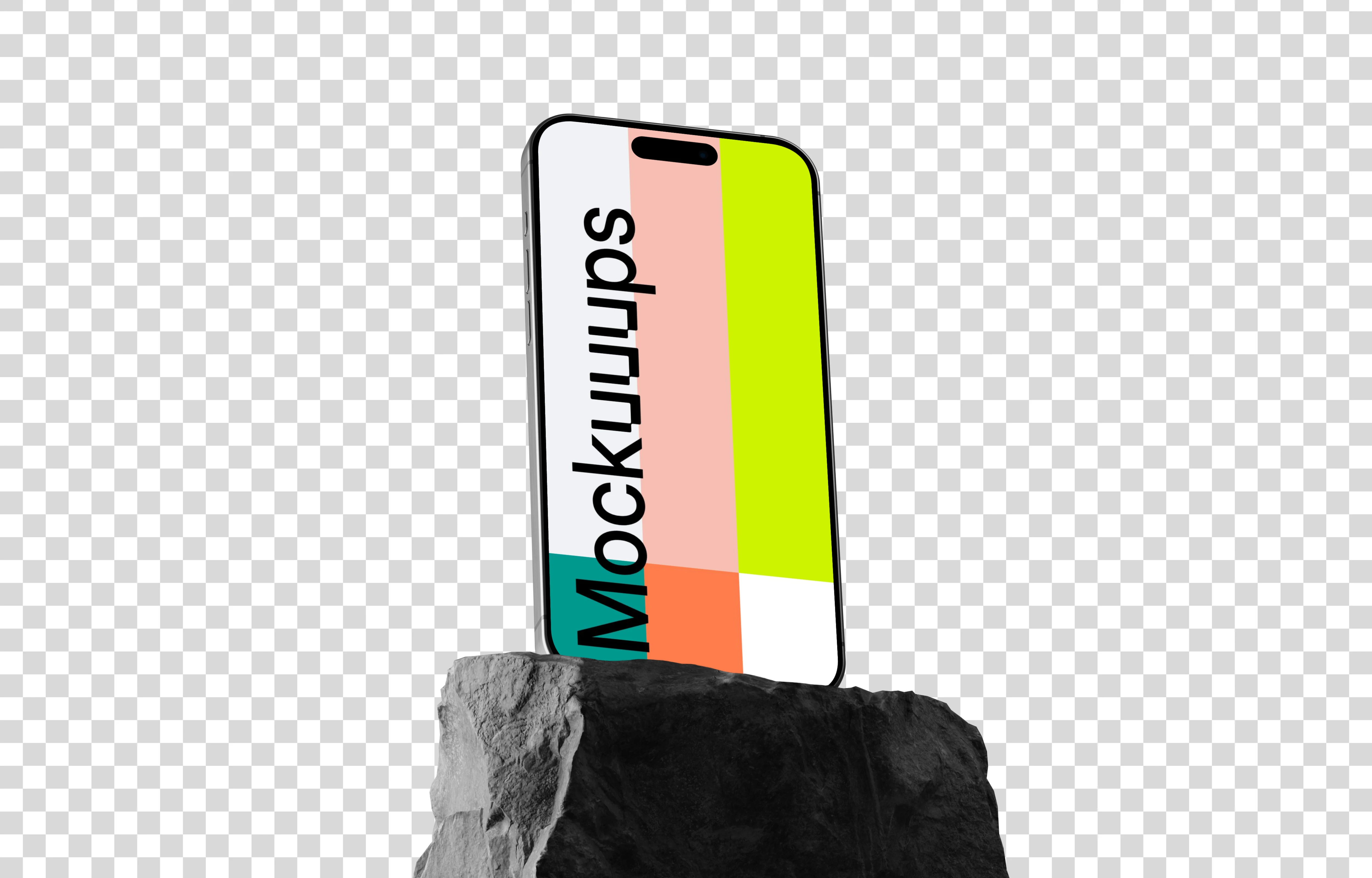 iPhone 15 Pro mockup on textured stone with dramatic shadow
