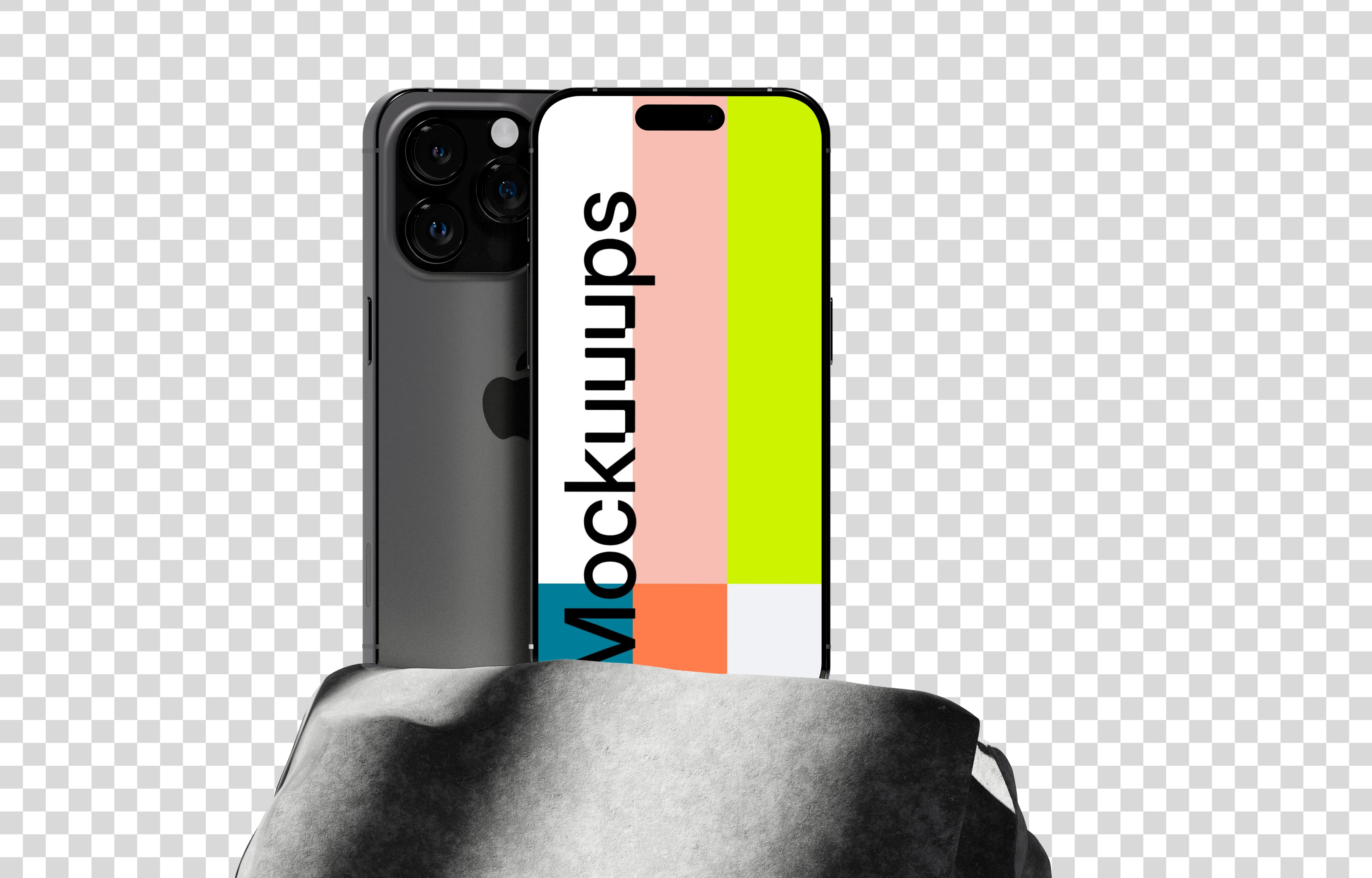 iPhone 16 mockup standing on a textured rock