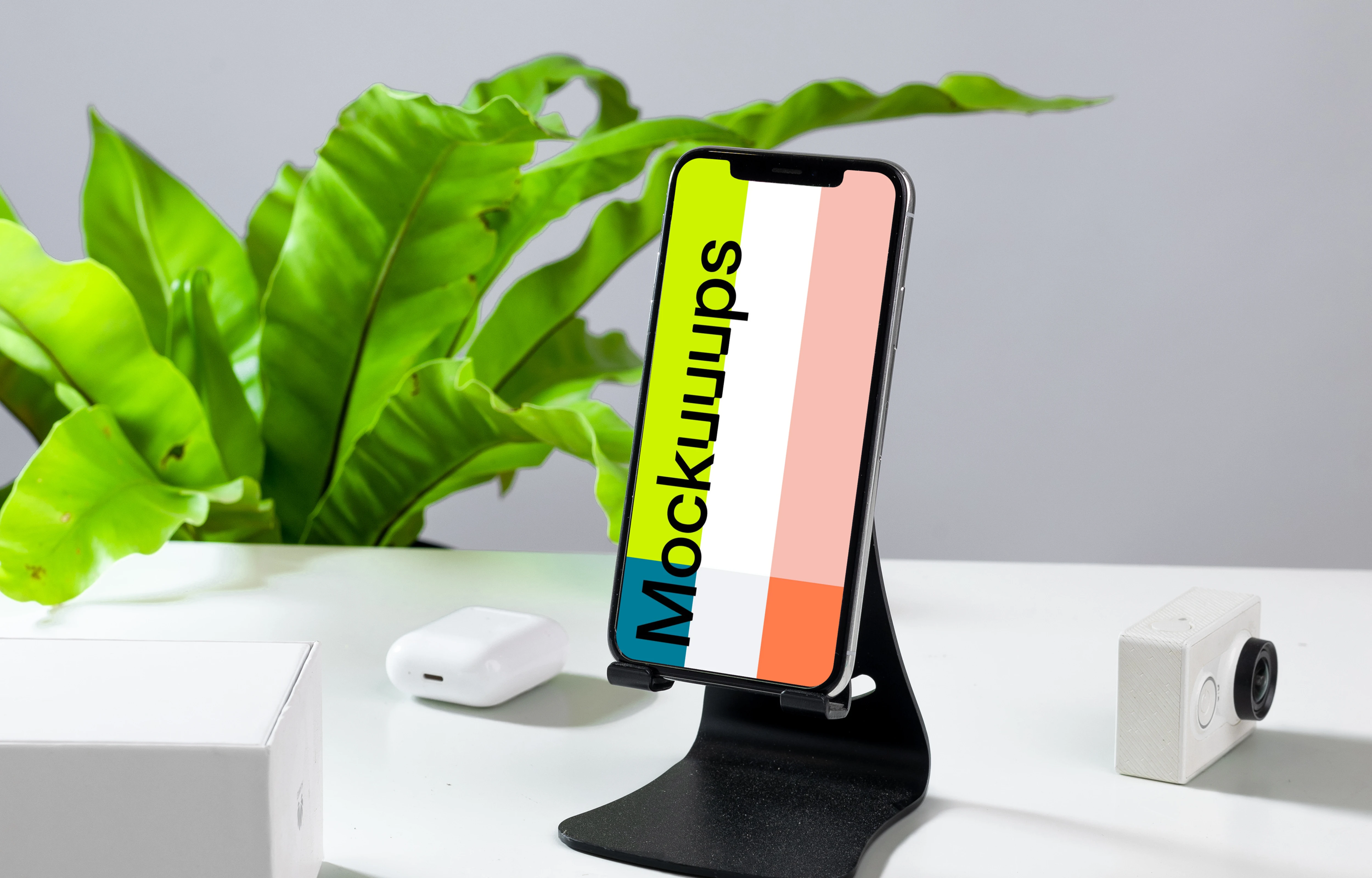 iPhone mockup on a phone stand