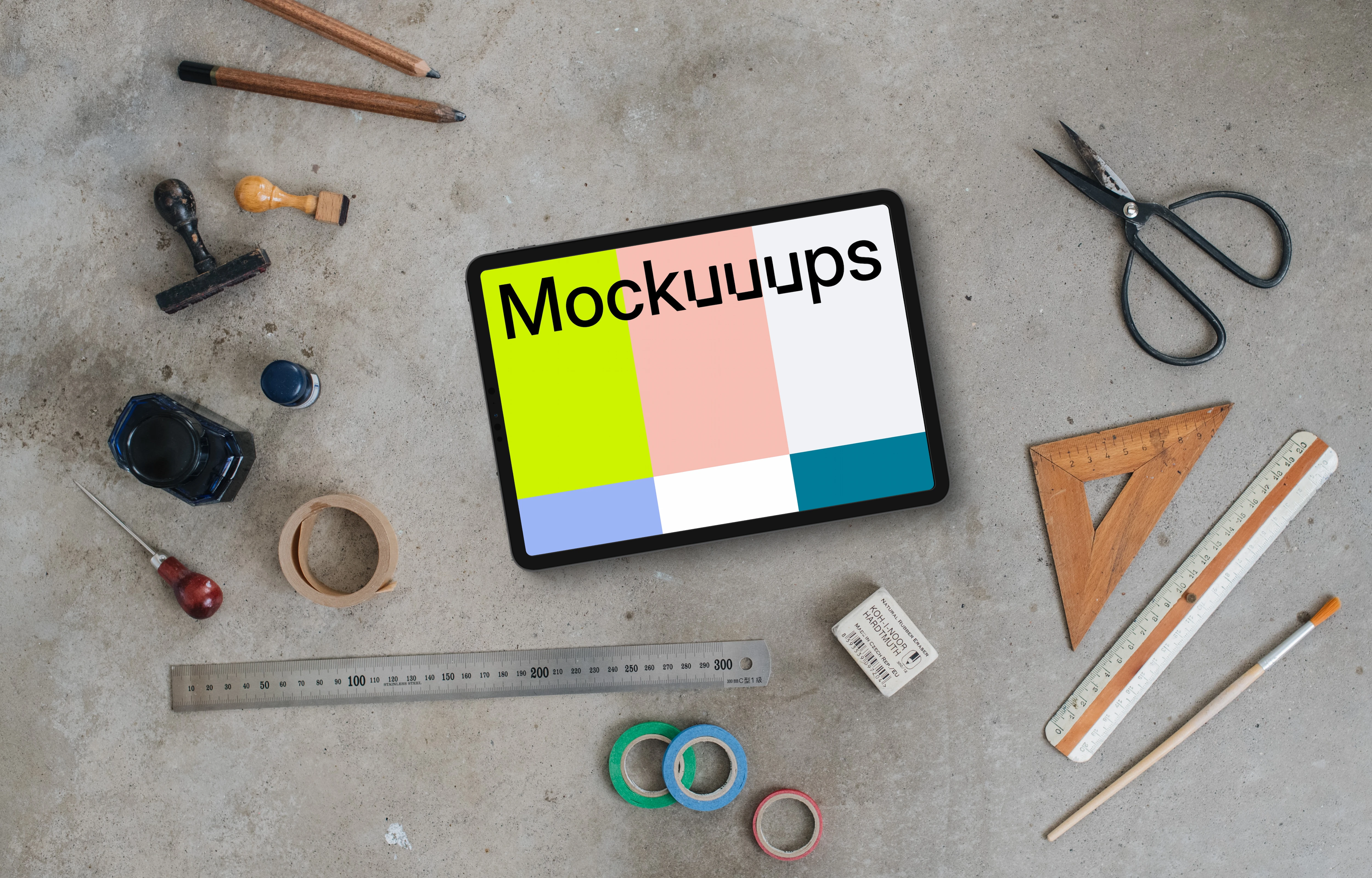 Landscape tablet mockup with a ruler on the side