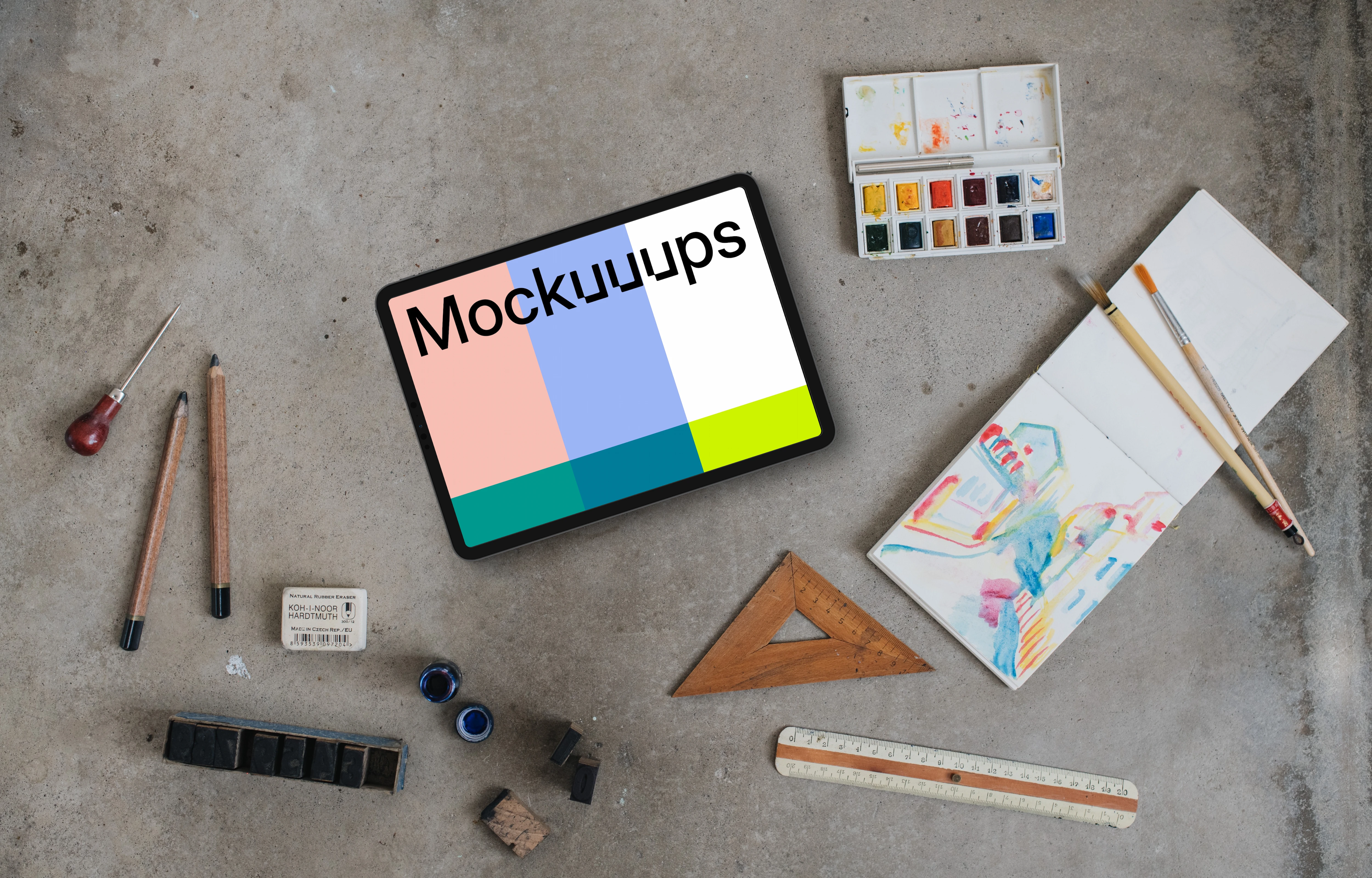 Landscape tablet mockup with a watercolour painting