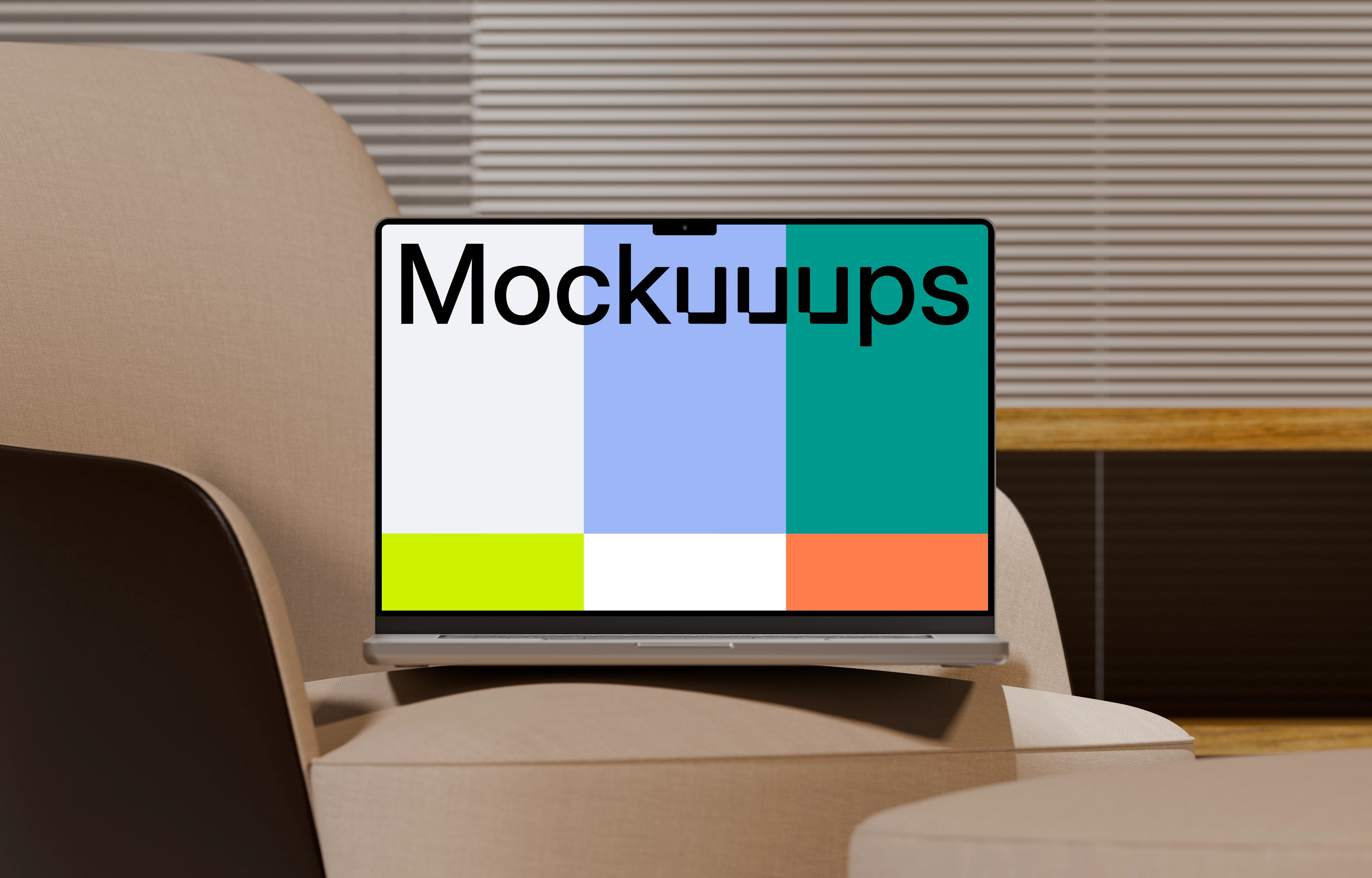 MacBook Pro mockup on a modern lounge couch
