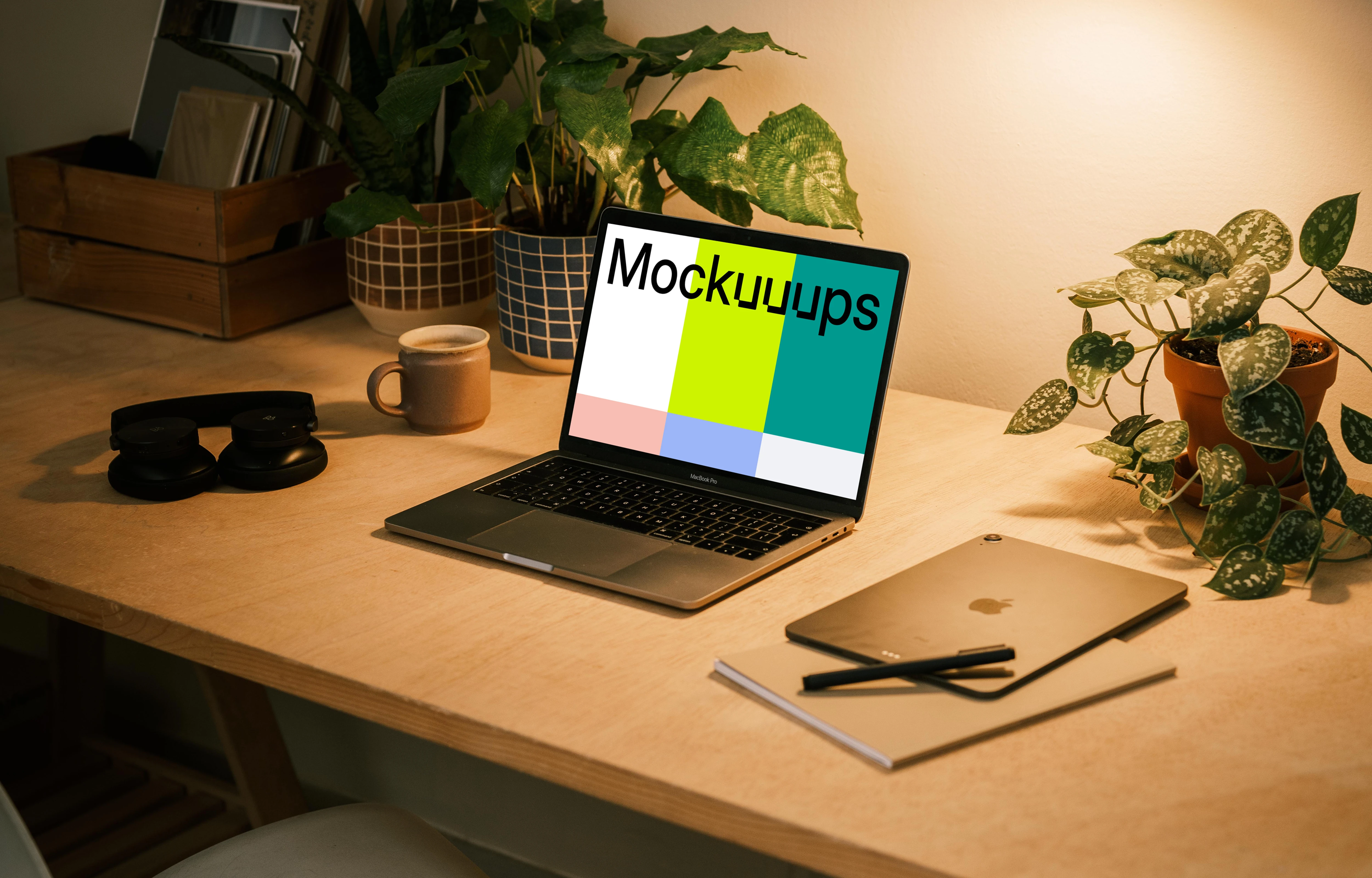 MacBook Pro on table with a pen and an iPad Air at the side
