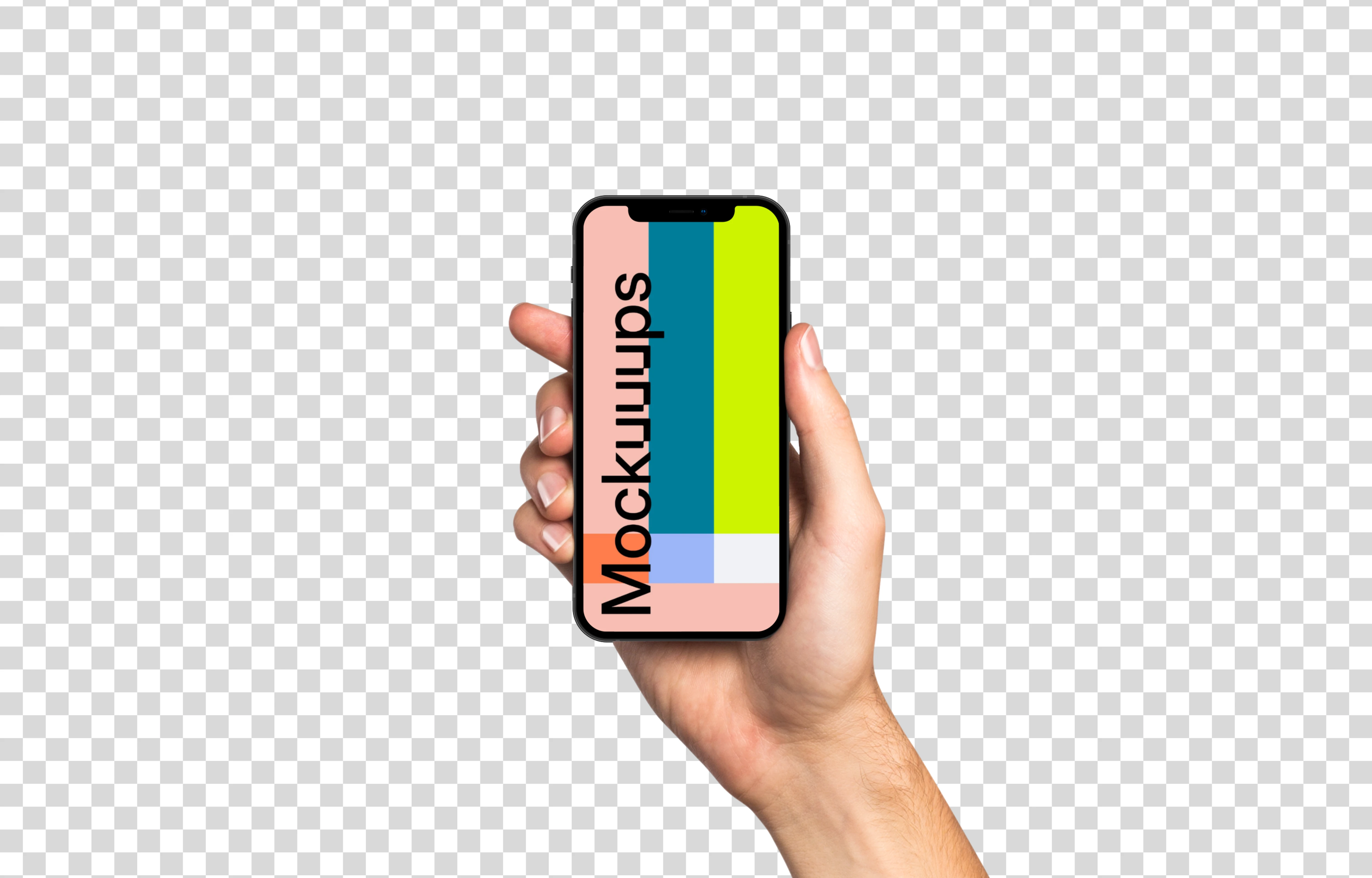 Man hand holding iPhone 12 mockup (White skin)