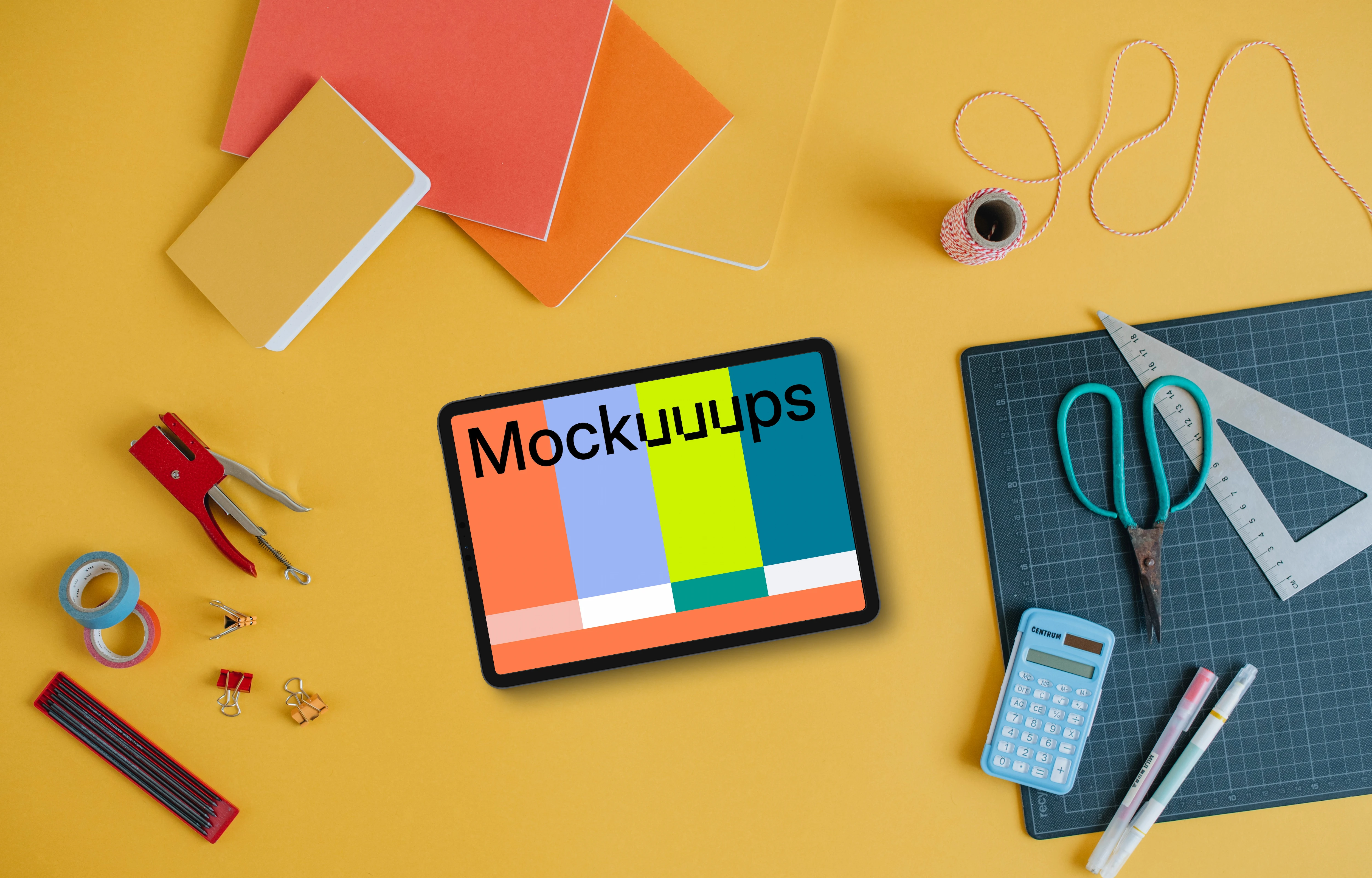 Mockup of tablet placed on the yellow background