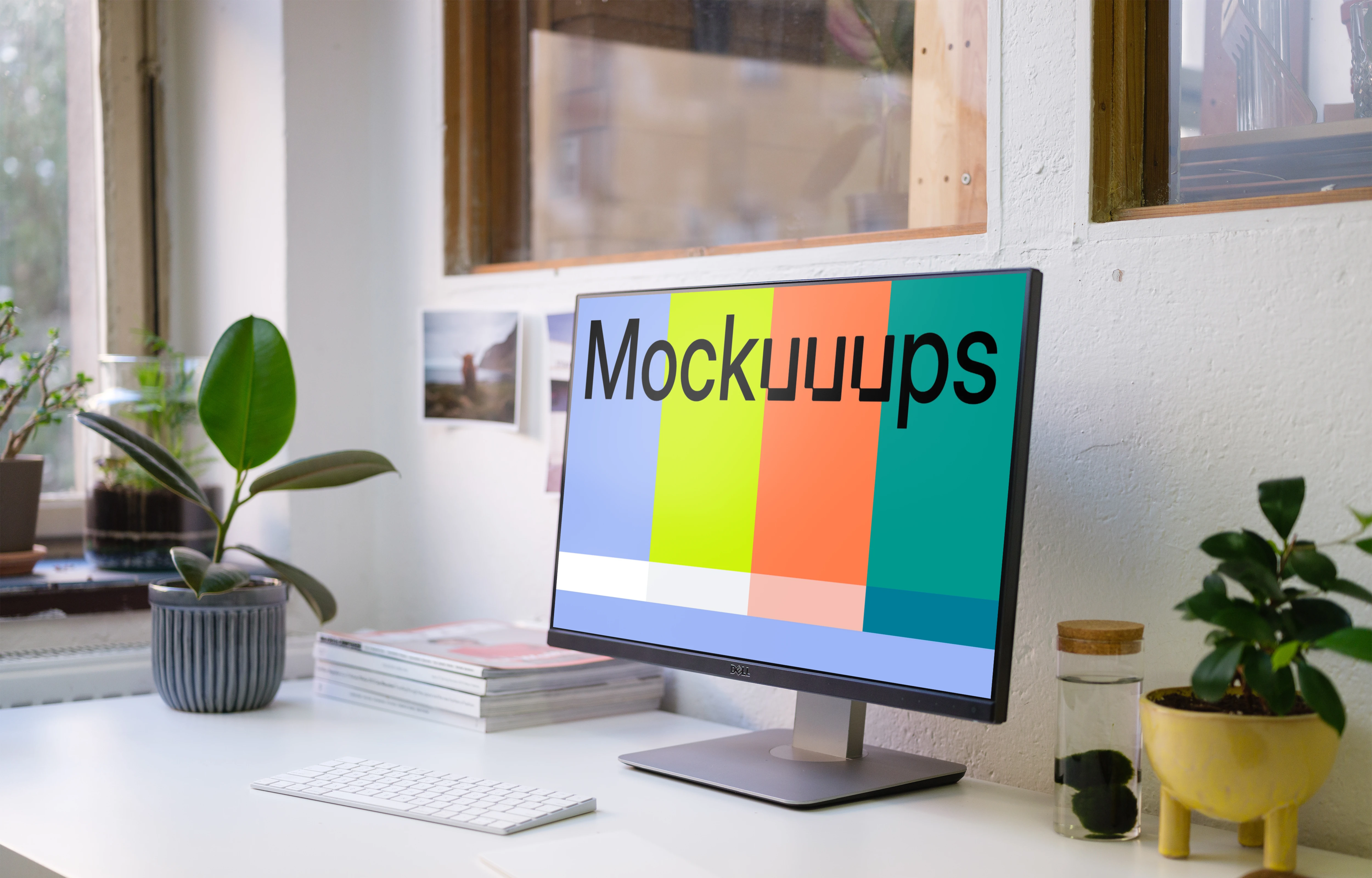 Side view of Dell display mockup on white table