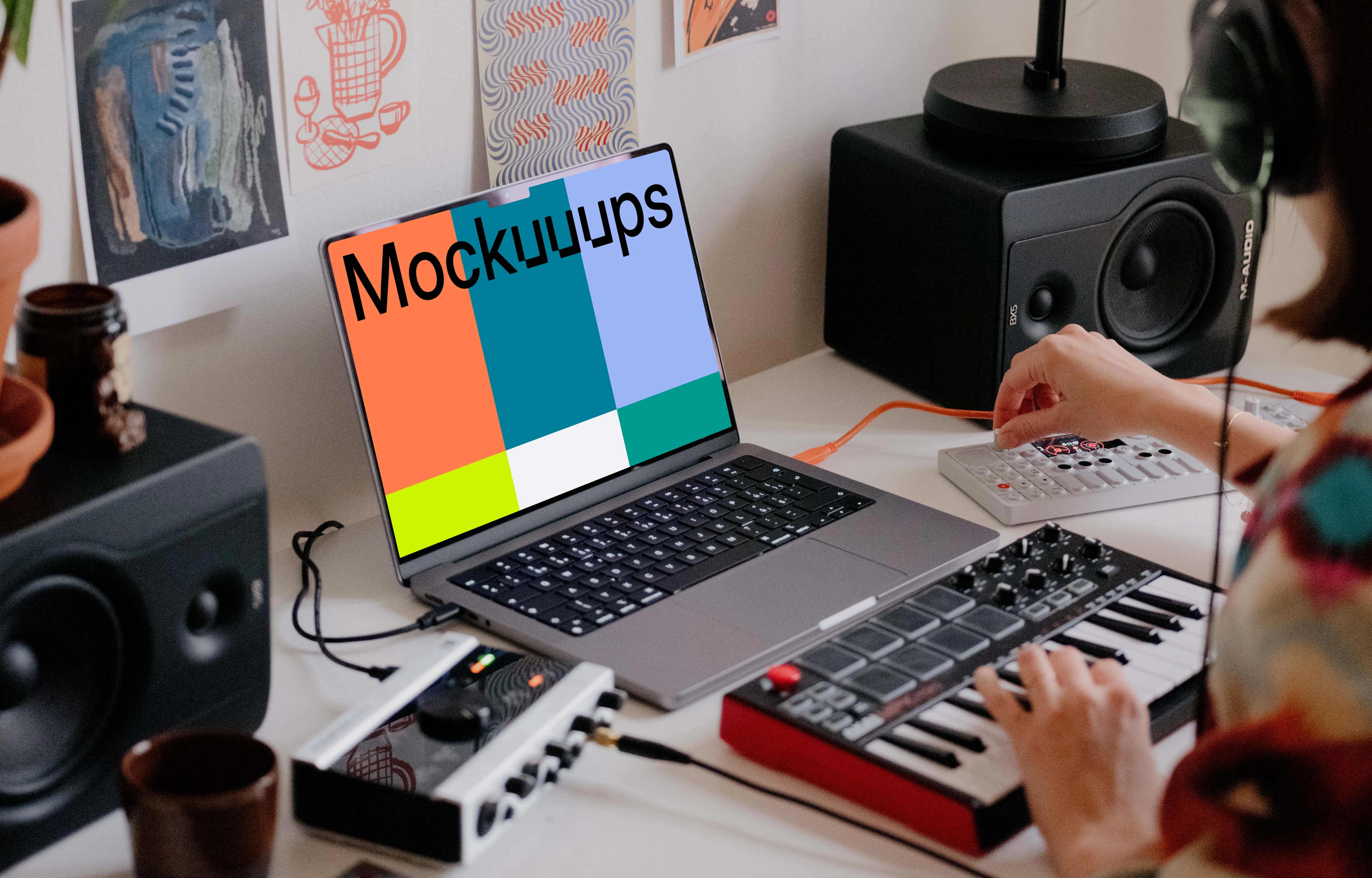 Small podcast studio with MacBook Pro mockup
