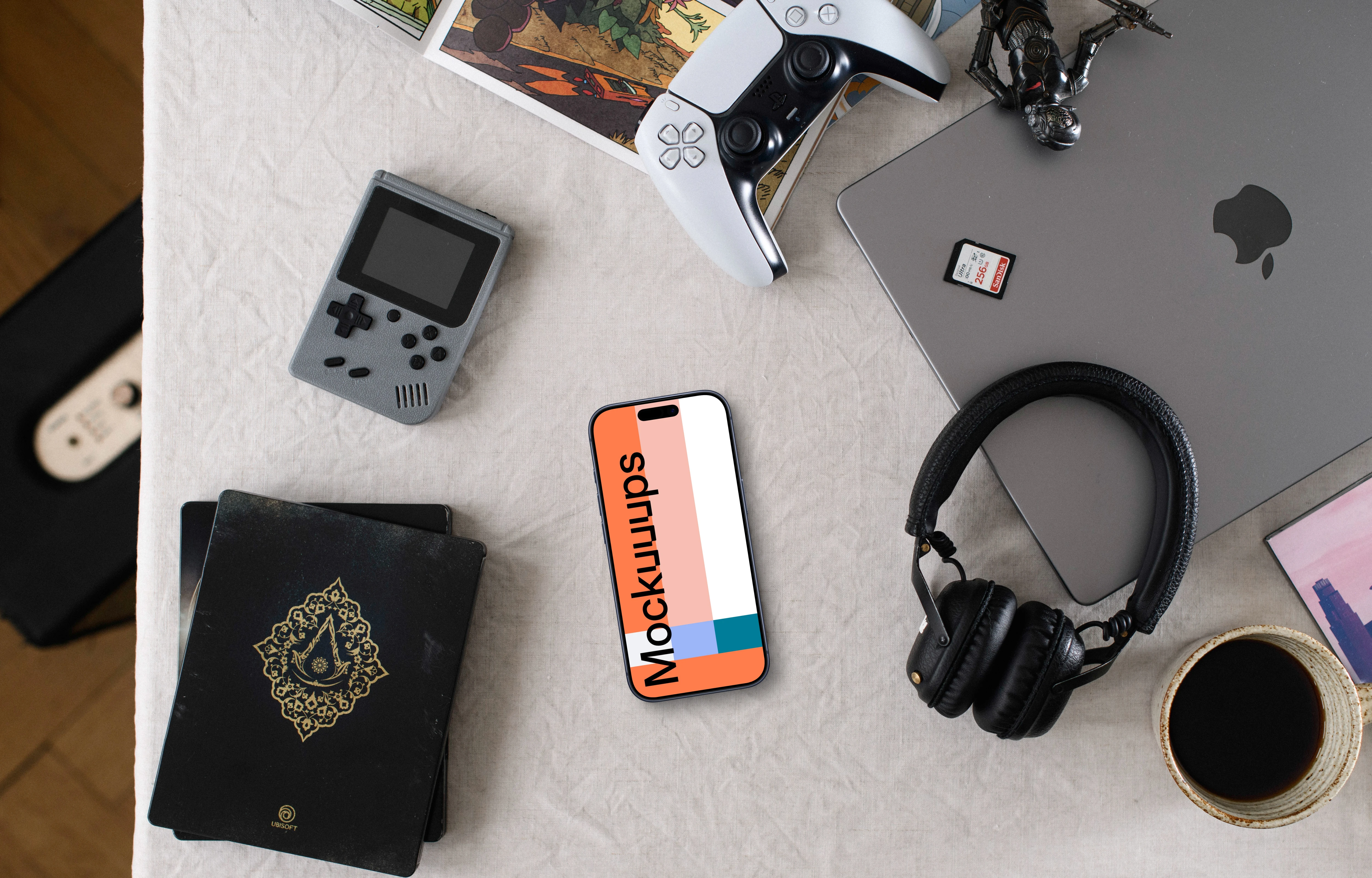 Smartphone mockup amid creative tech gadgets