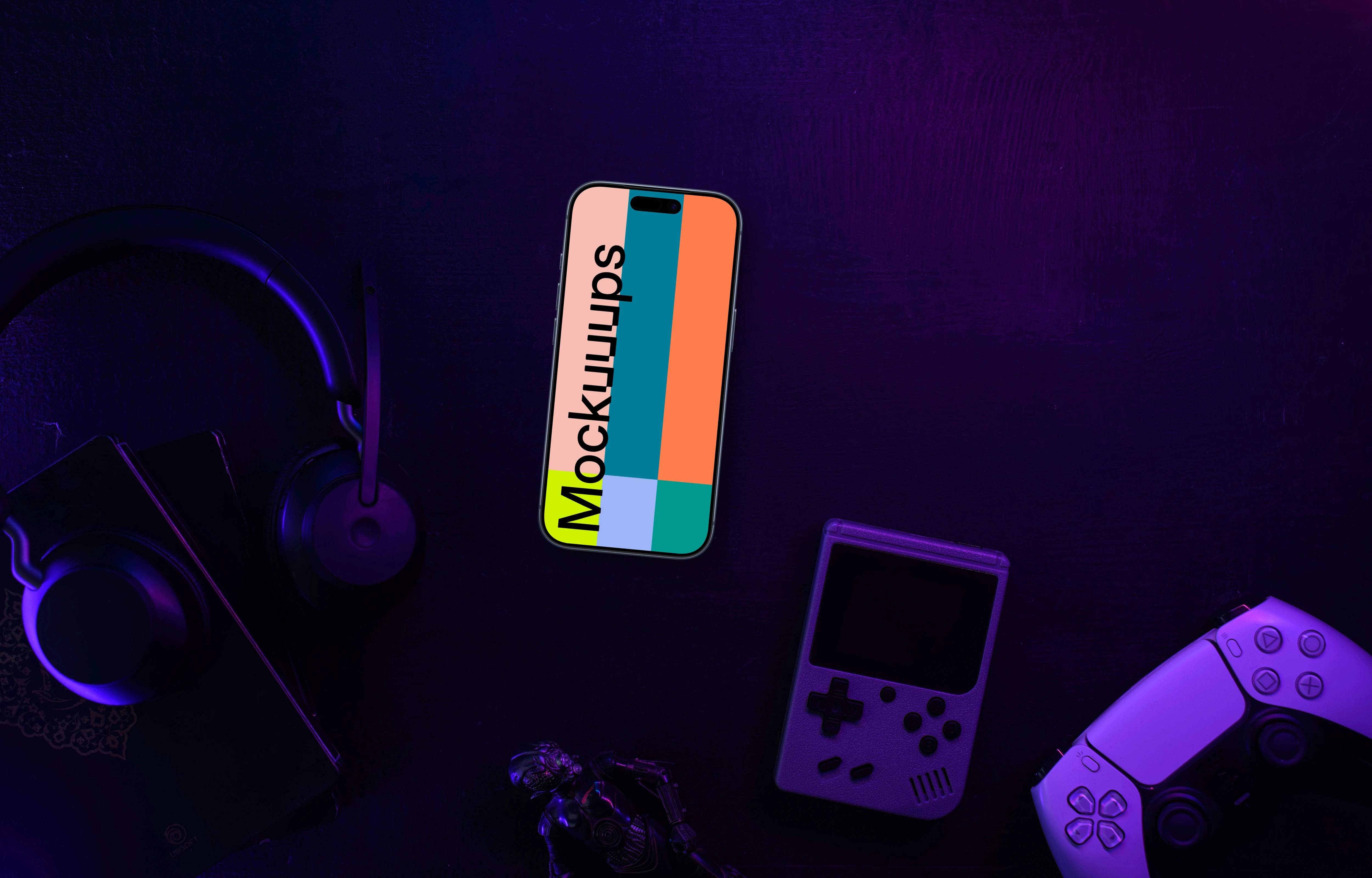 Smartphone mockup amid gaming gear