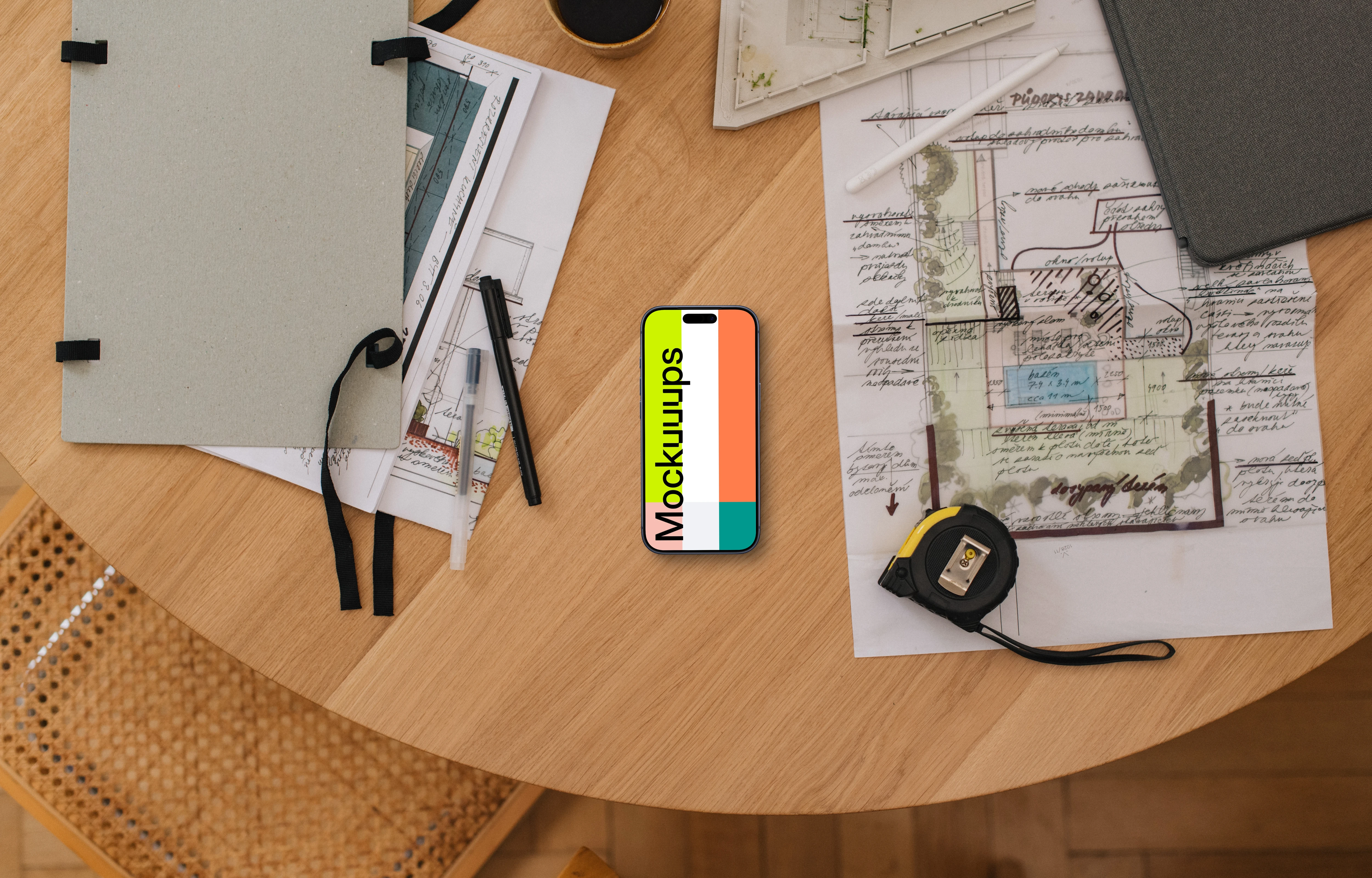 Smartphone mockup on architectural blueprints